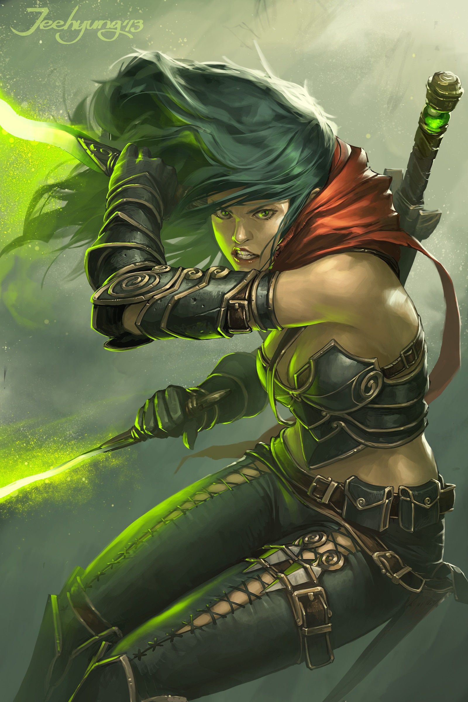 Fantasy warrior woman with green hair and glowing swords HD Wallpaper