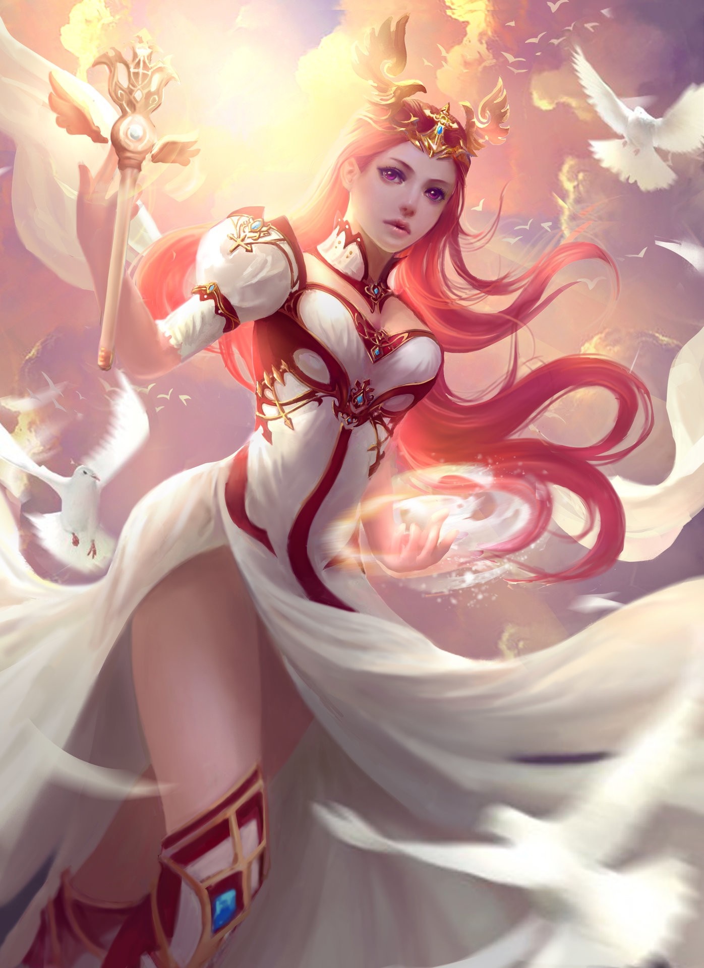Fantasy anime woman with pink hair and staff HD Wallpaper
