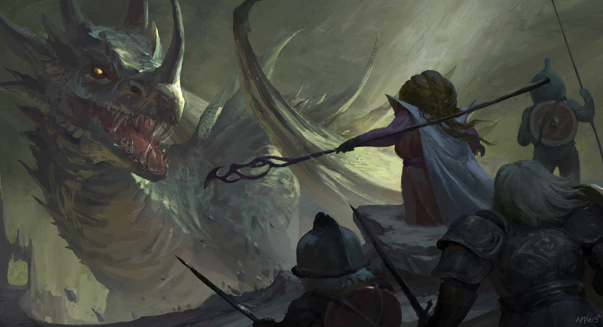 Fantasy art of a dragon fighting adventurers HD Wallpaper