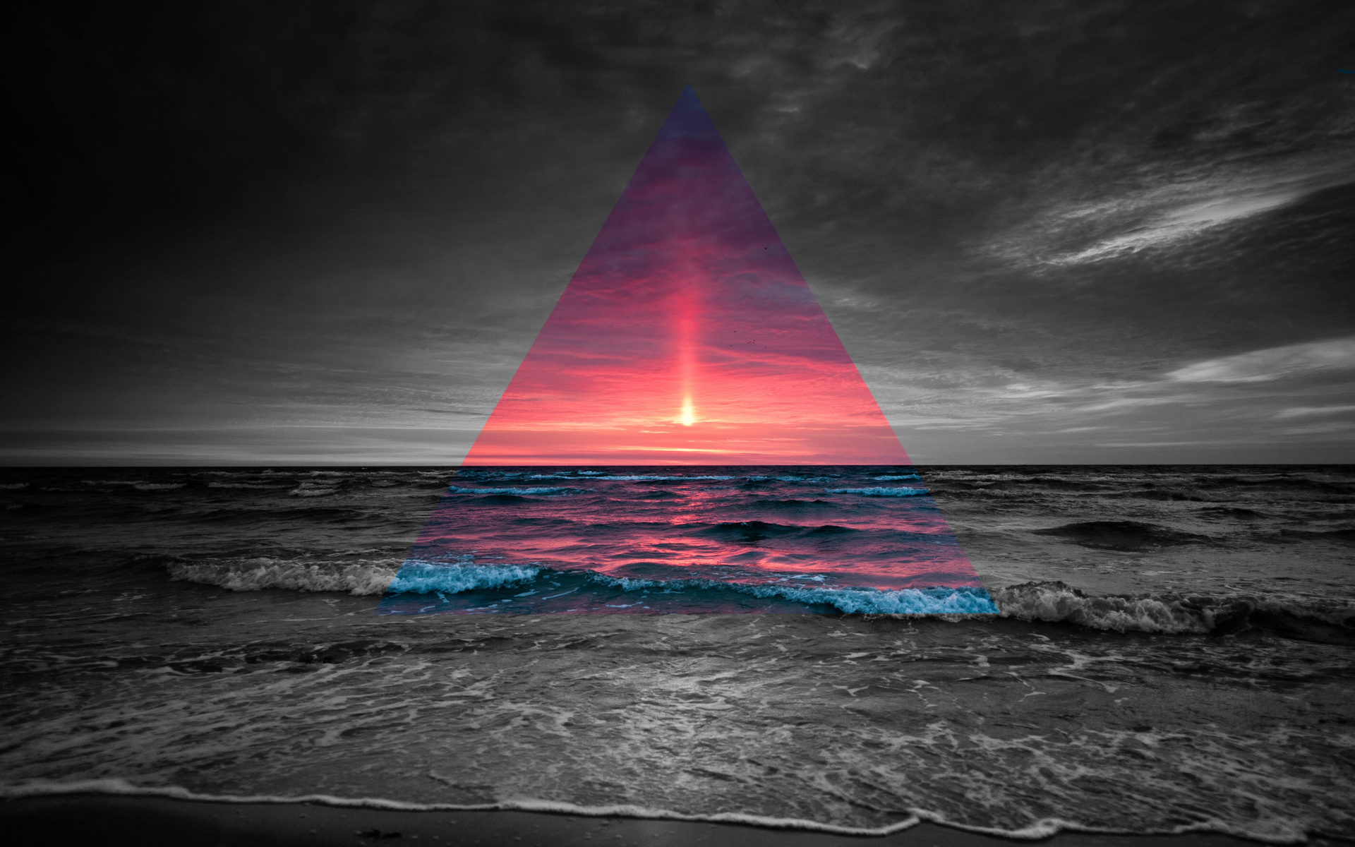 Sunset over the ocean with a triangular overlay HD Wallpaper