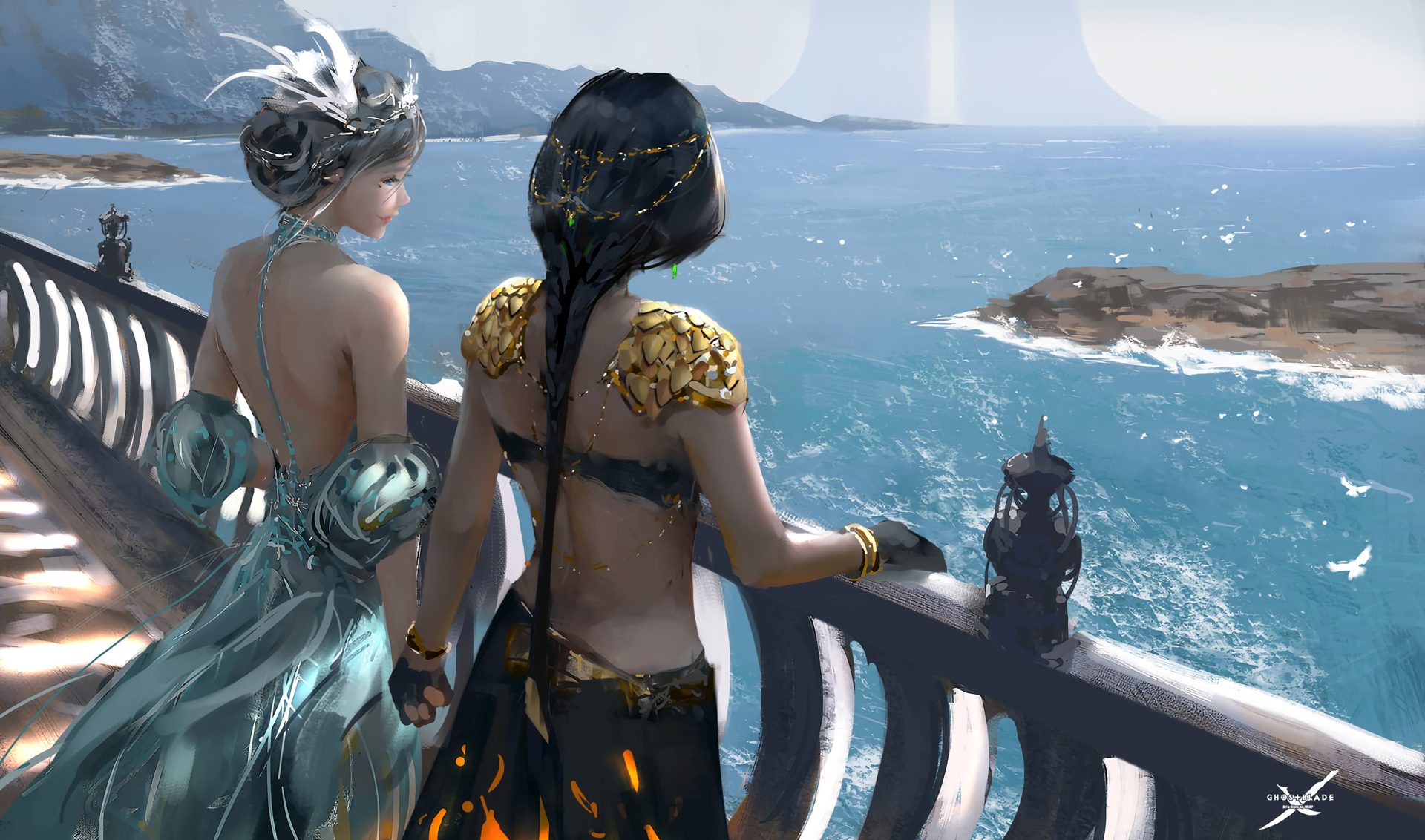 Two women in ornate dresses on a balcony overlooking the sea HD Wallpaper