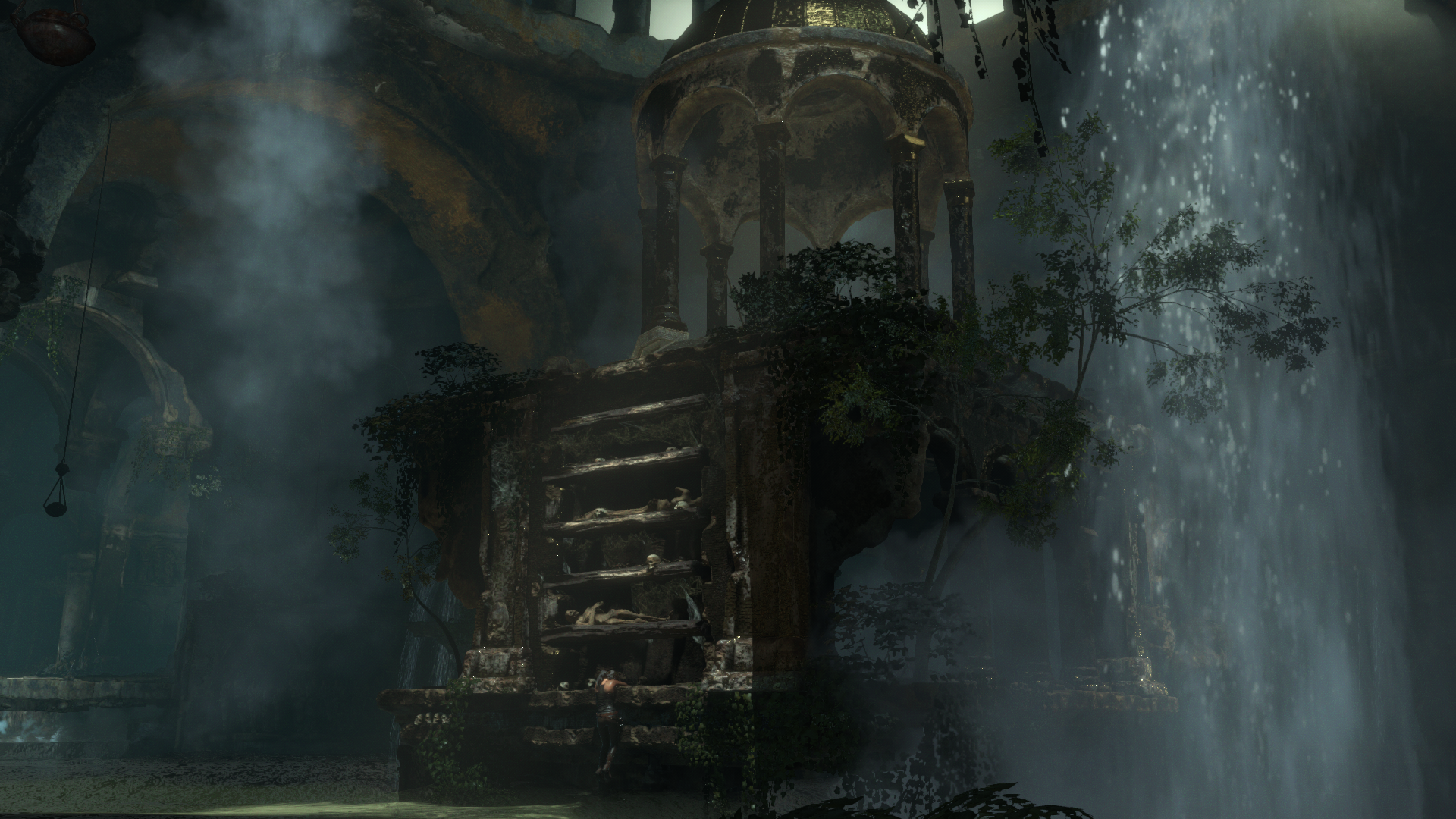 Lara Croft in a ruined temple with a waterfall HD Wallpaper