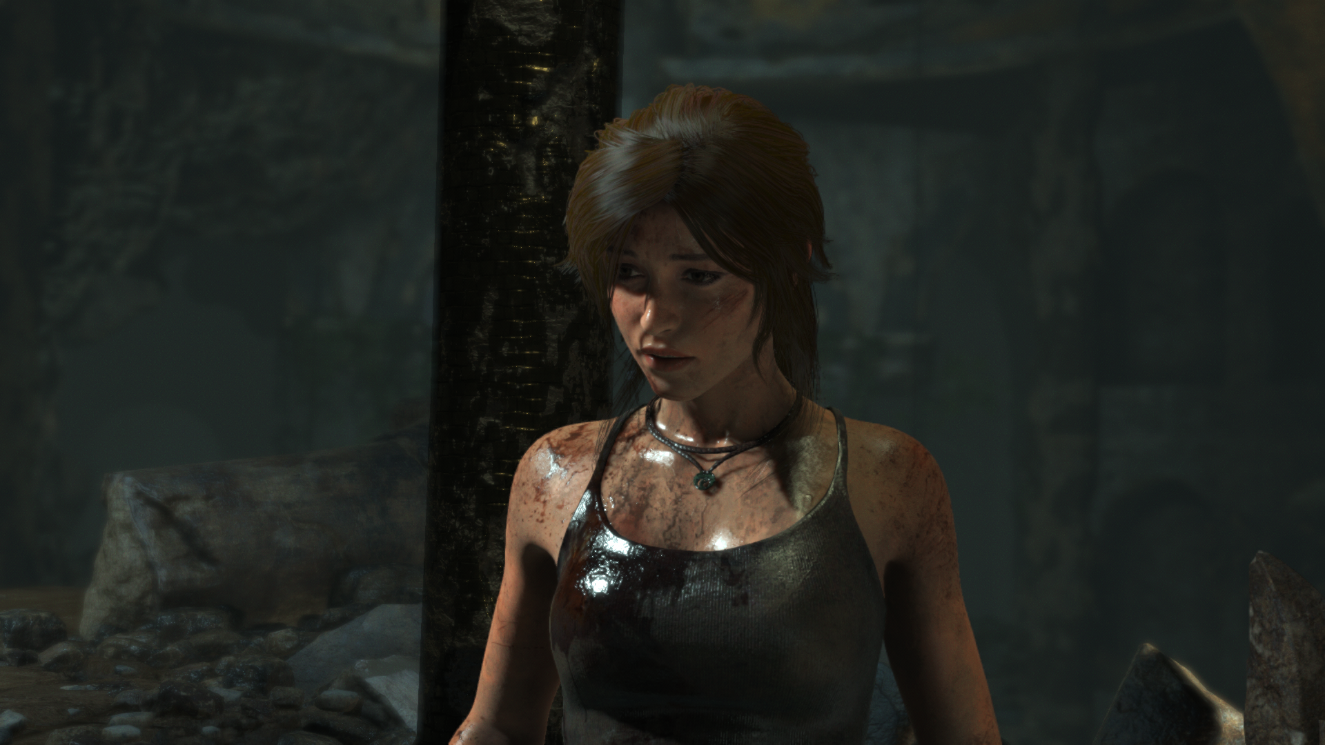 Lara Croft from Tomb Raider in a dark cave HD Wallpaper