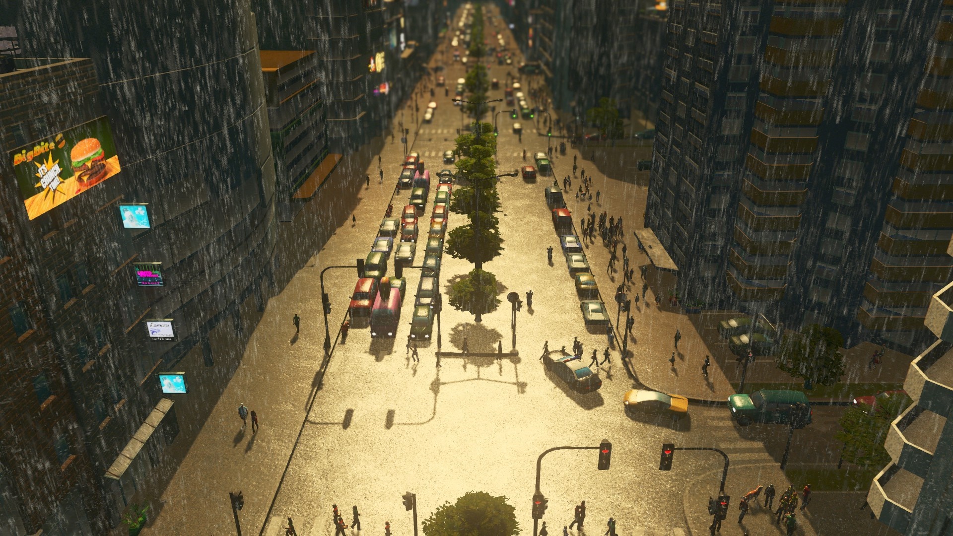 Cities: Skylines screenshot of a rainy city street HD Wallpaper