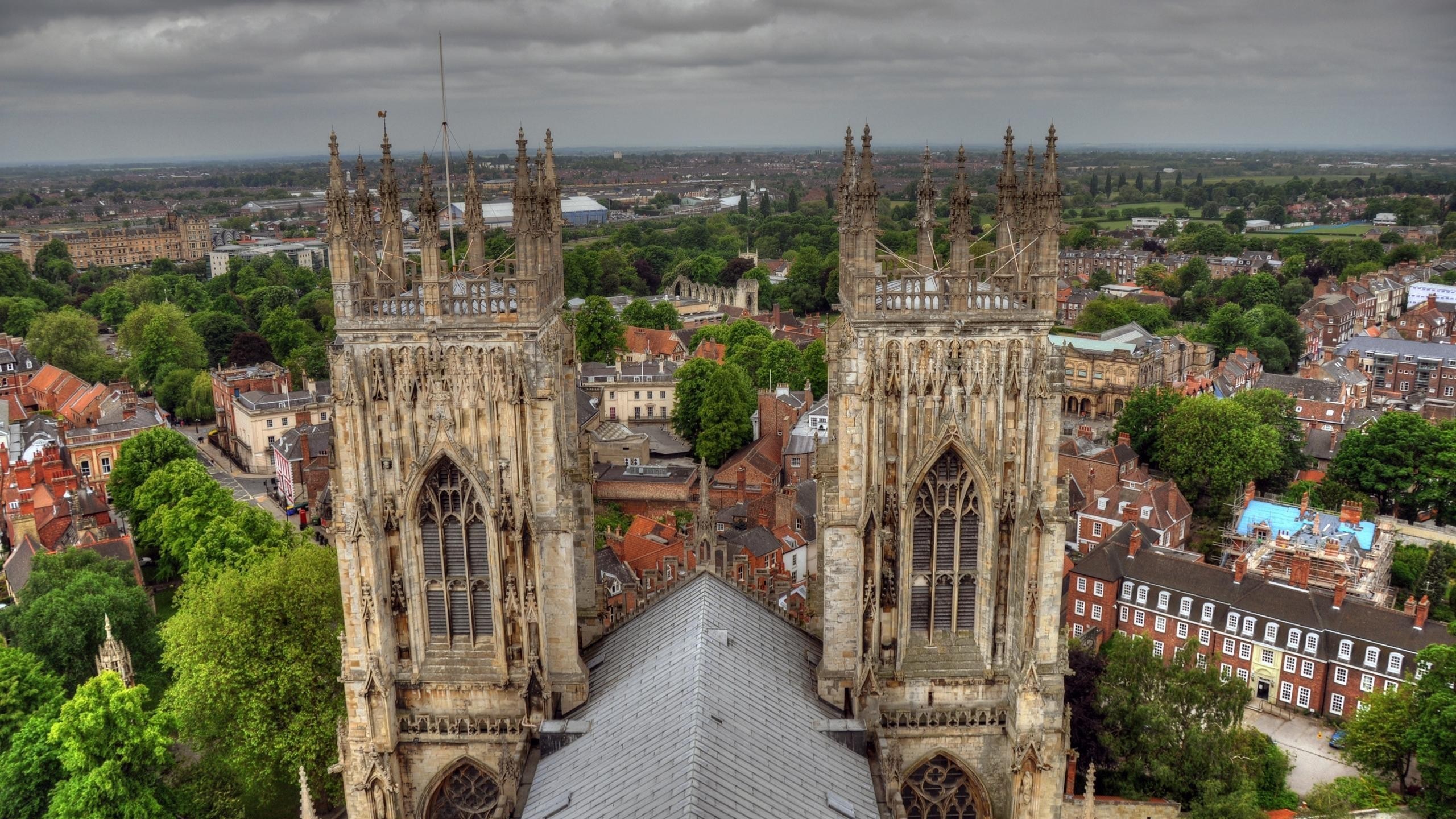 Aerial view of York Minster cathedral towers and city HD Wallpaper