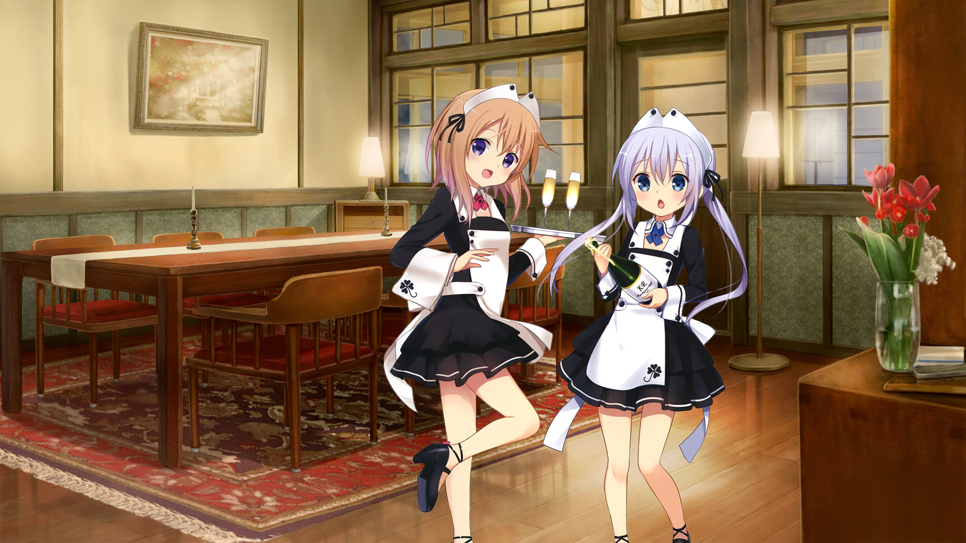Two anime maids with champagne in a dining room HD Wallpaper