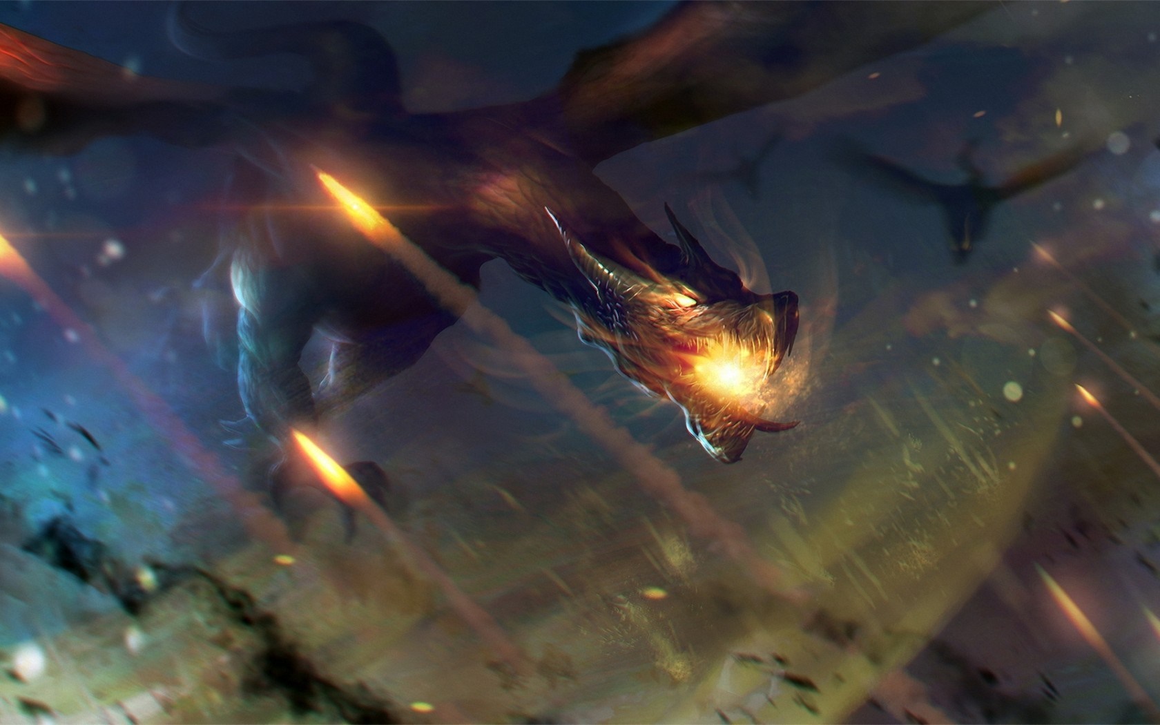 Dragon in space with explosions and missiles HD Wallpaper