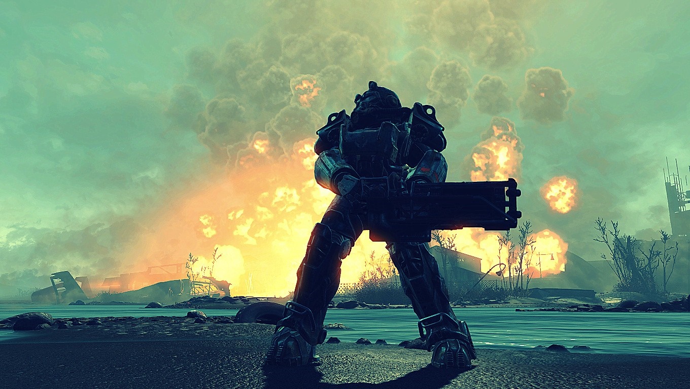 Soldier in Power Armor with Minigun in Fallout 4 HD Wallpaper