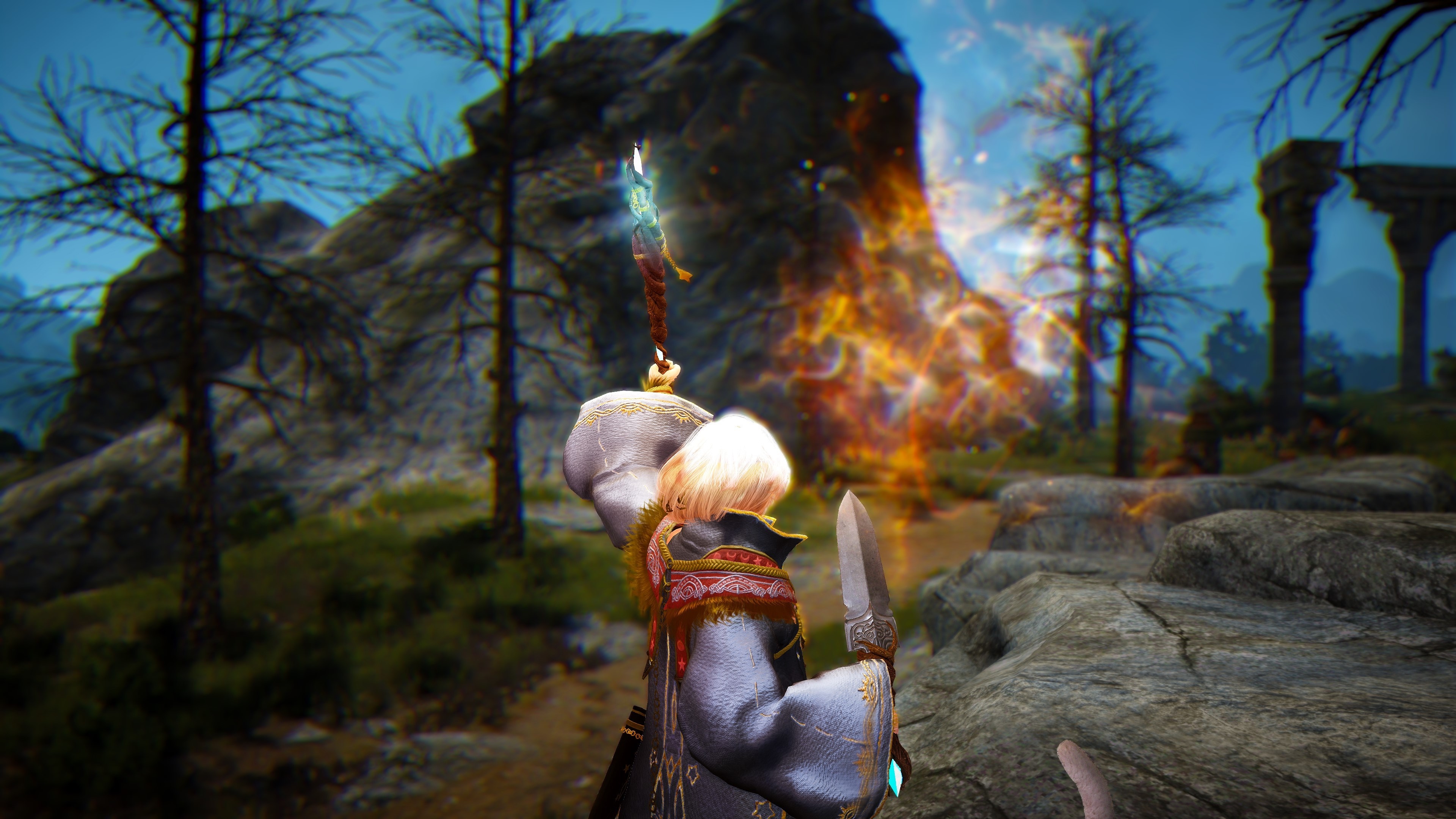 Character from Black Desert holding a weapon with magic effects HD Wallpaper