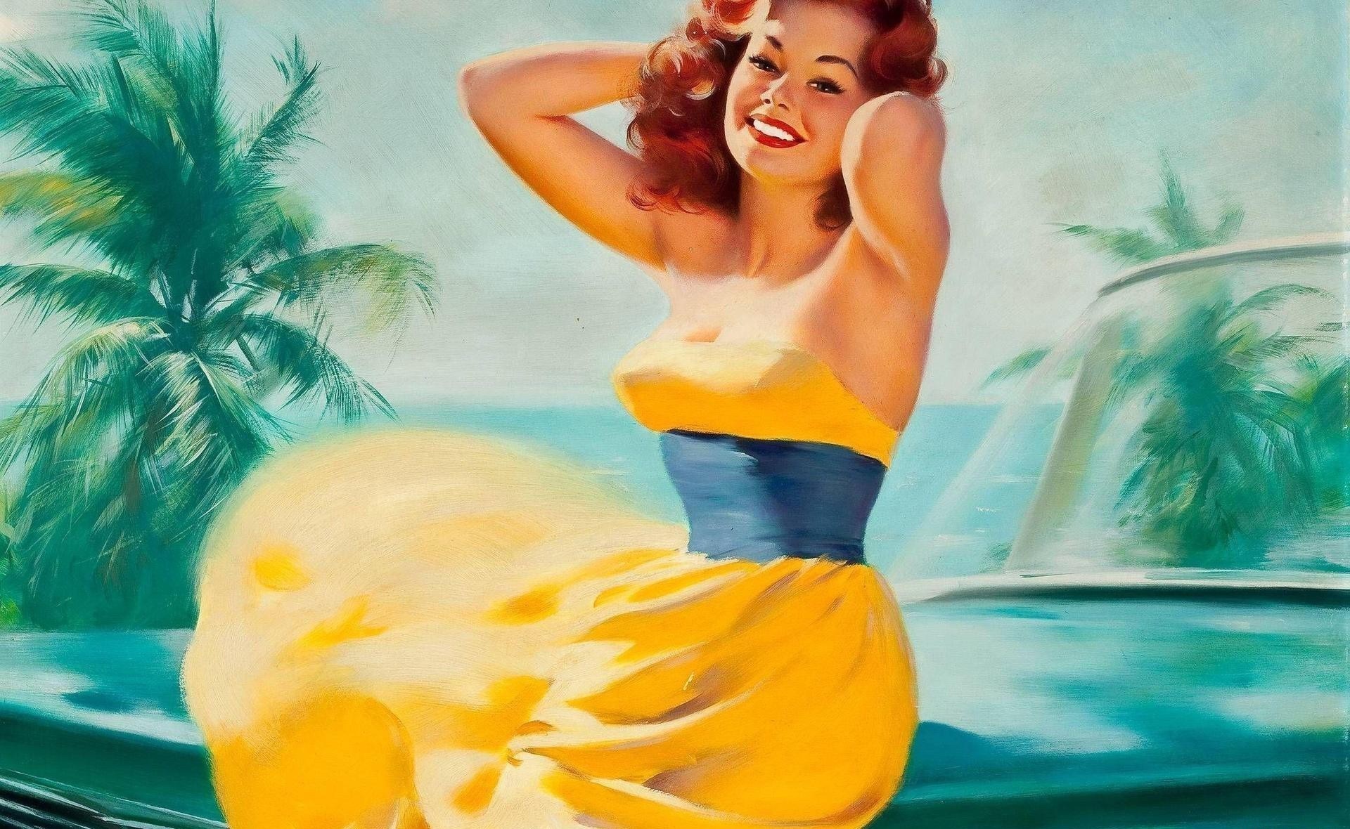 Pinup girl in yellow dress by the ocean HD Wallpaper