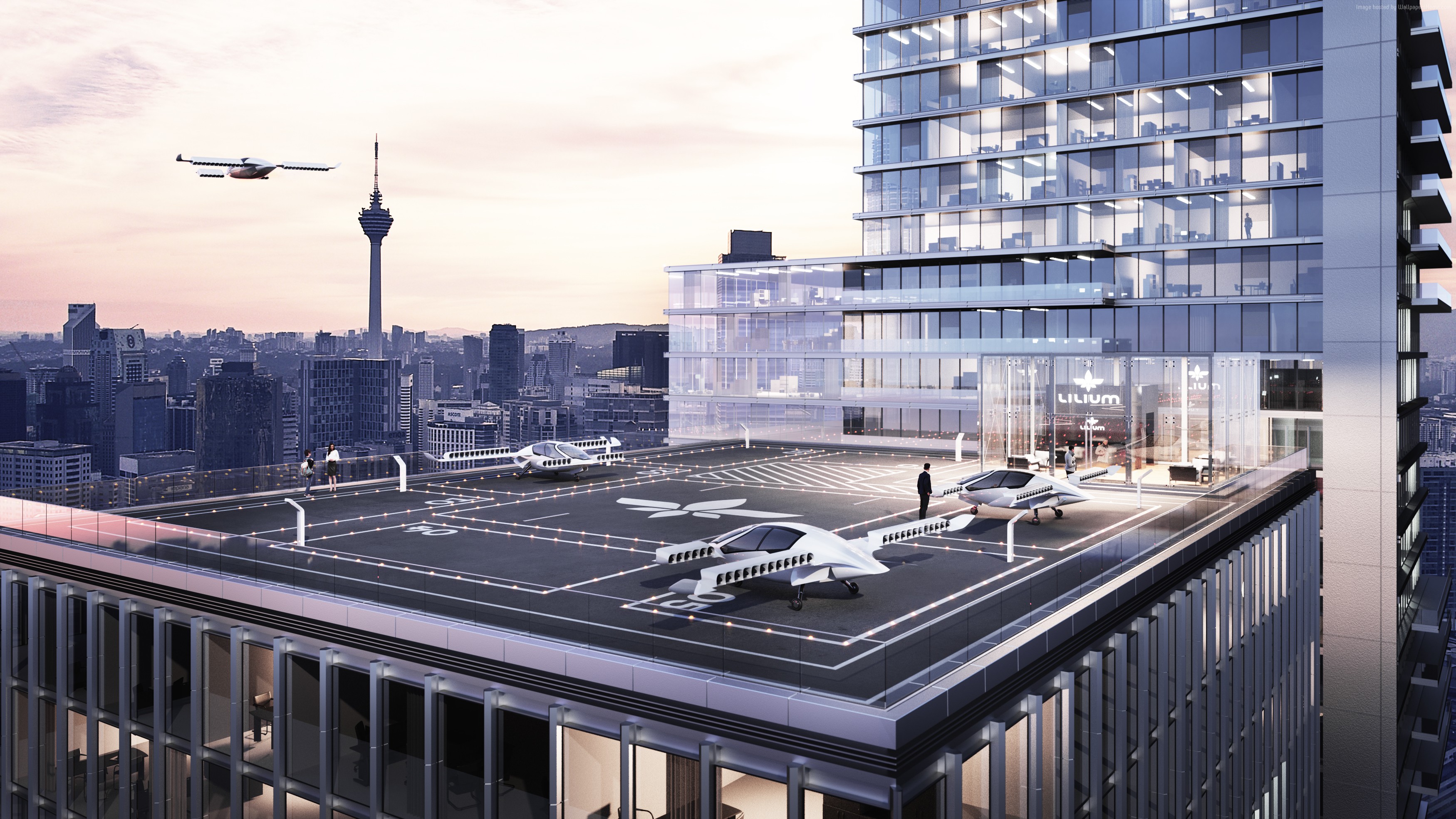 Lilium electric aircraft on a city rooftop helipad HD Wallpaper
