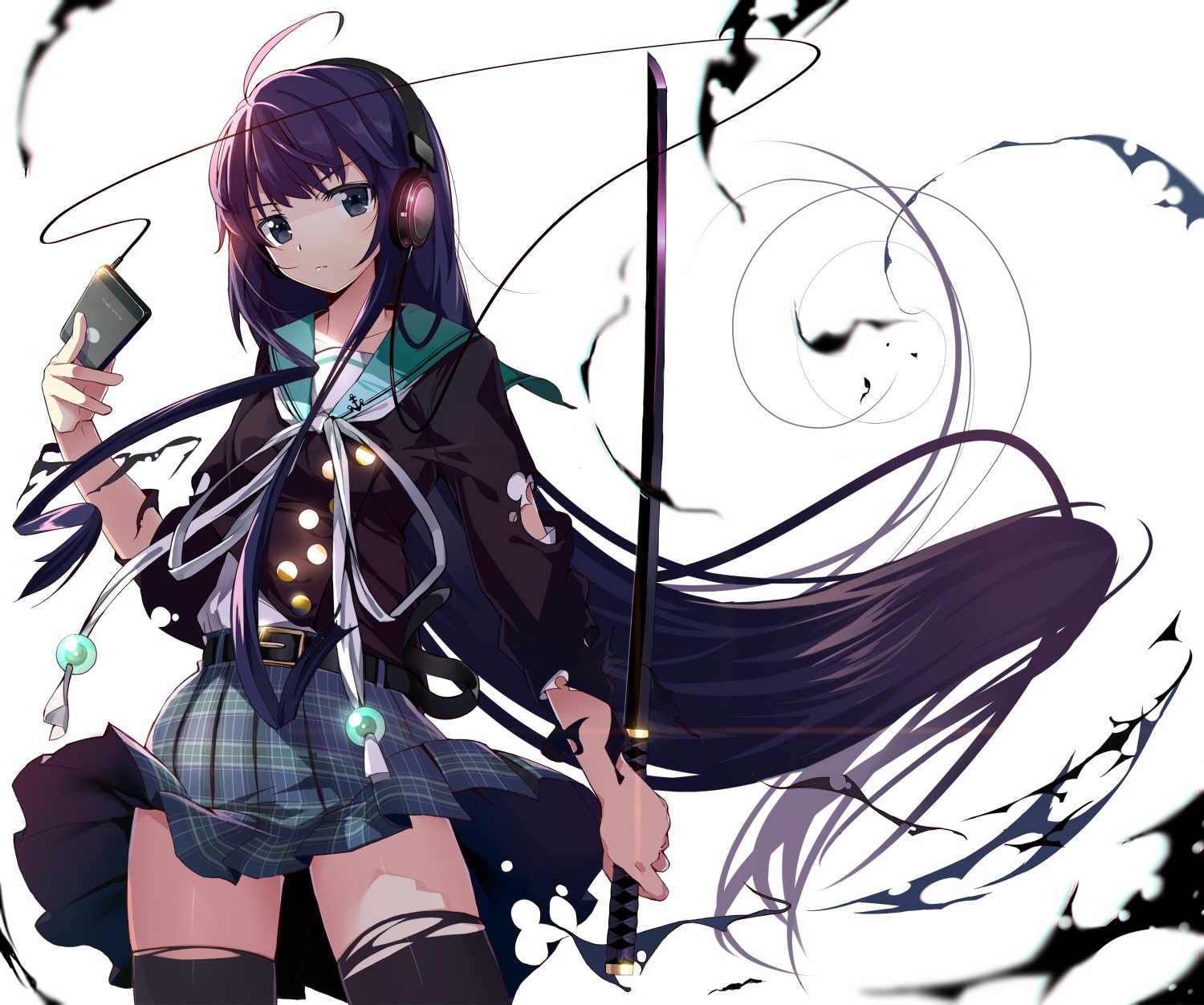 Anime girl with headphones and katana HD Wallpaper