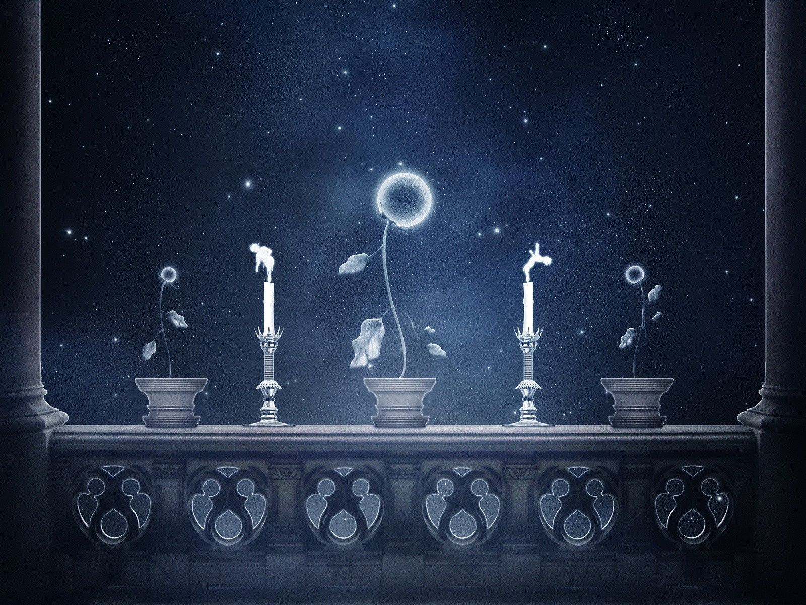 Fantasy balcony with glowing flowers and candles under starry sky HD Wallpaper