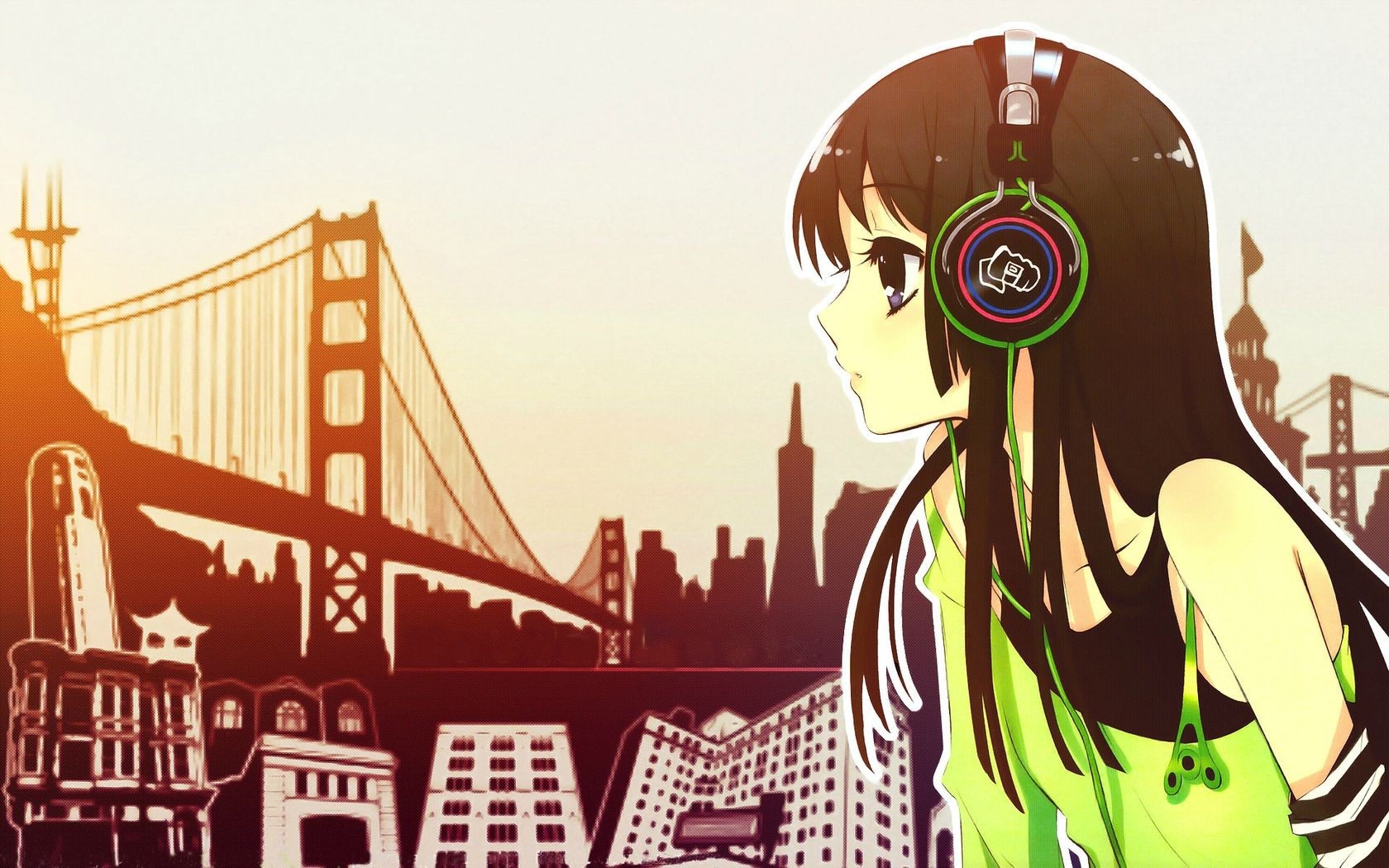 Anime girl with headphones in front of San Francisco skyline HD Wallpaper