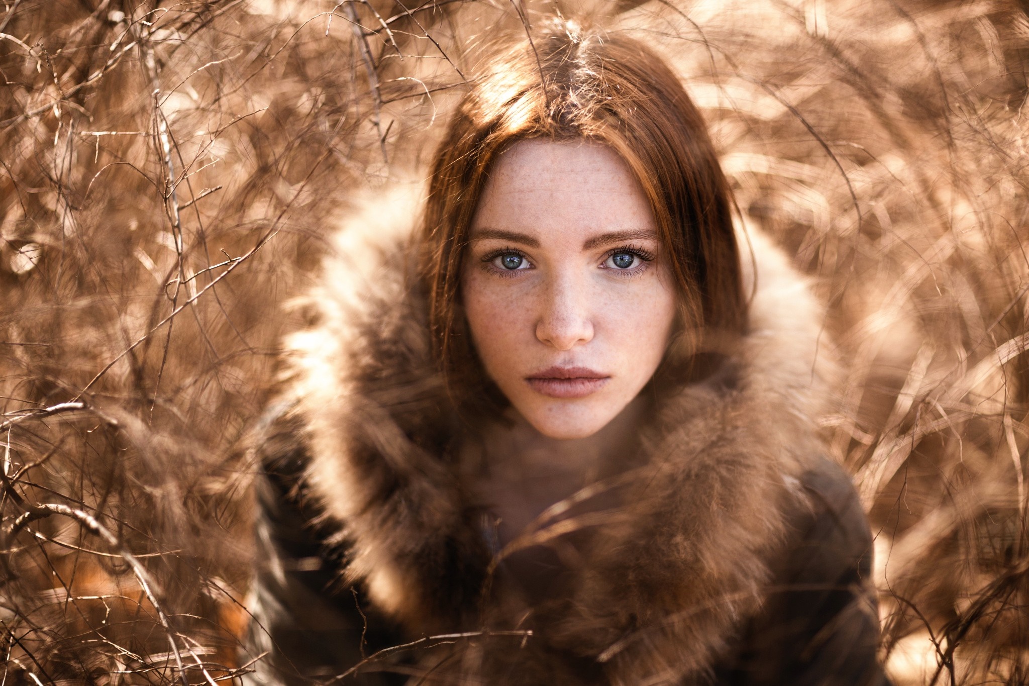 Woman with red hair and blue eyes in a fur coat HD Wallpaper