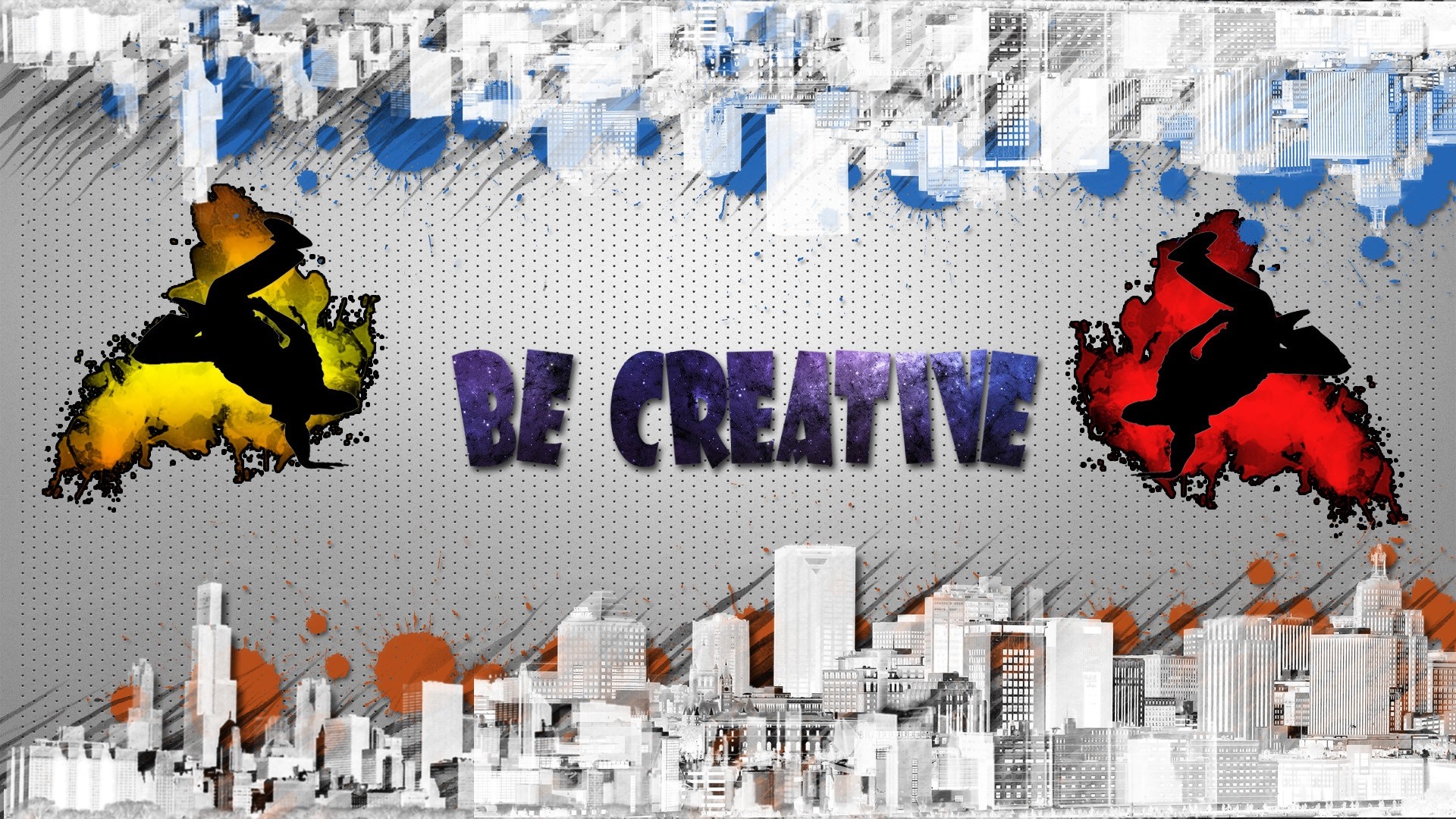 Be Creative illustration with city skyline and dancers HD Wallpaper