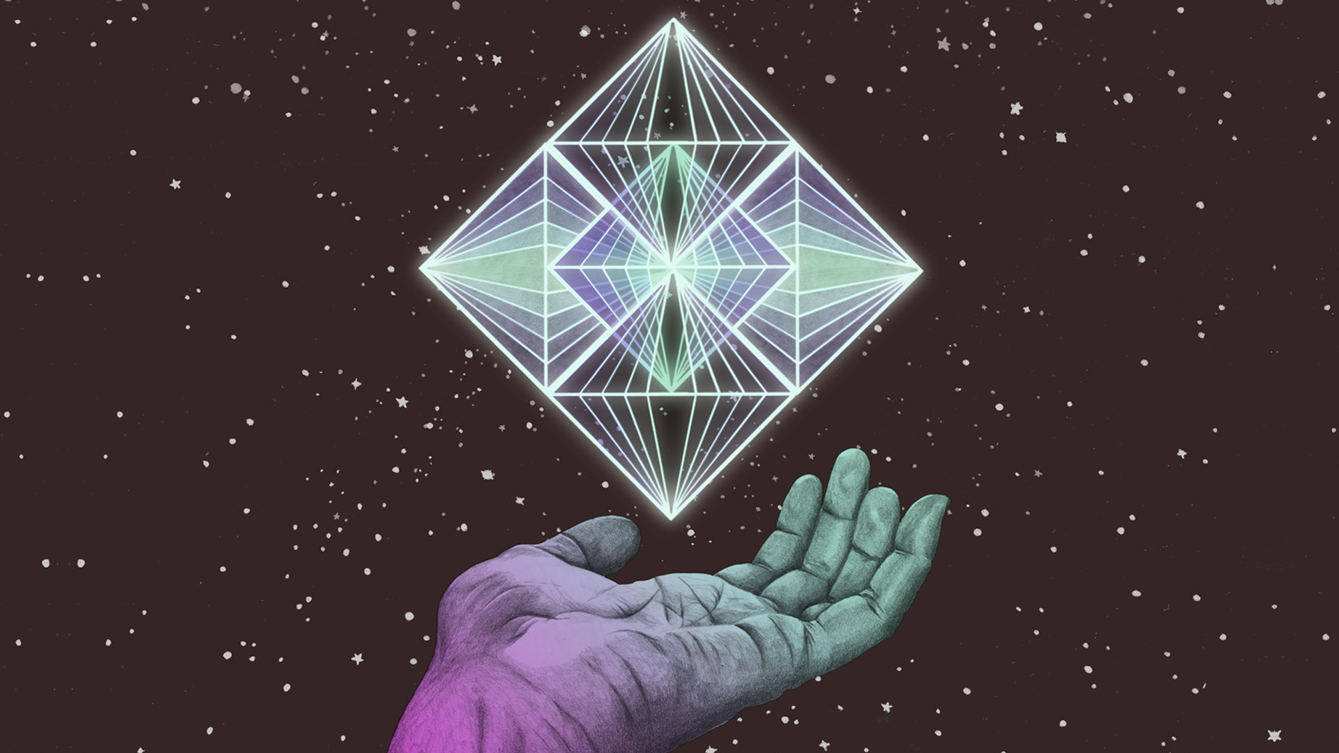 Hand holding geometric shape in space HD Wallpaper