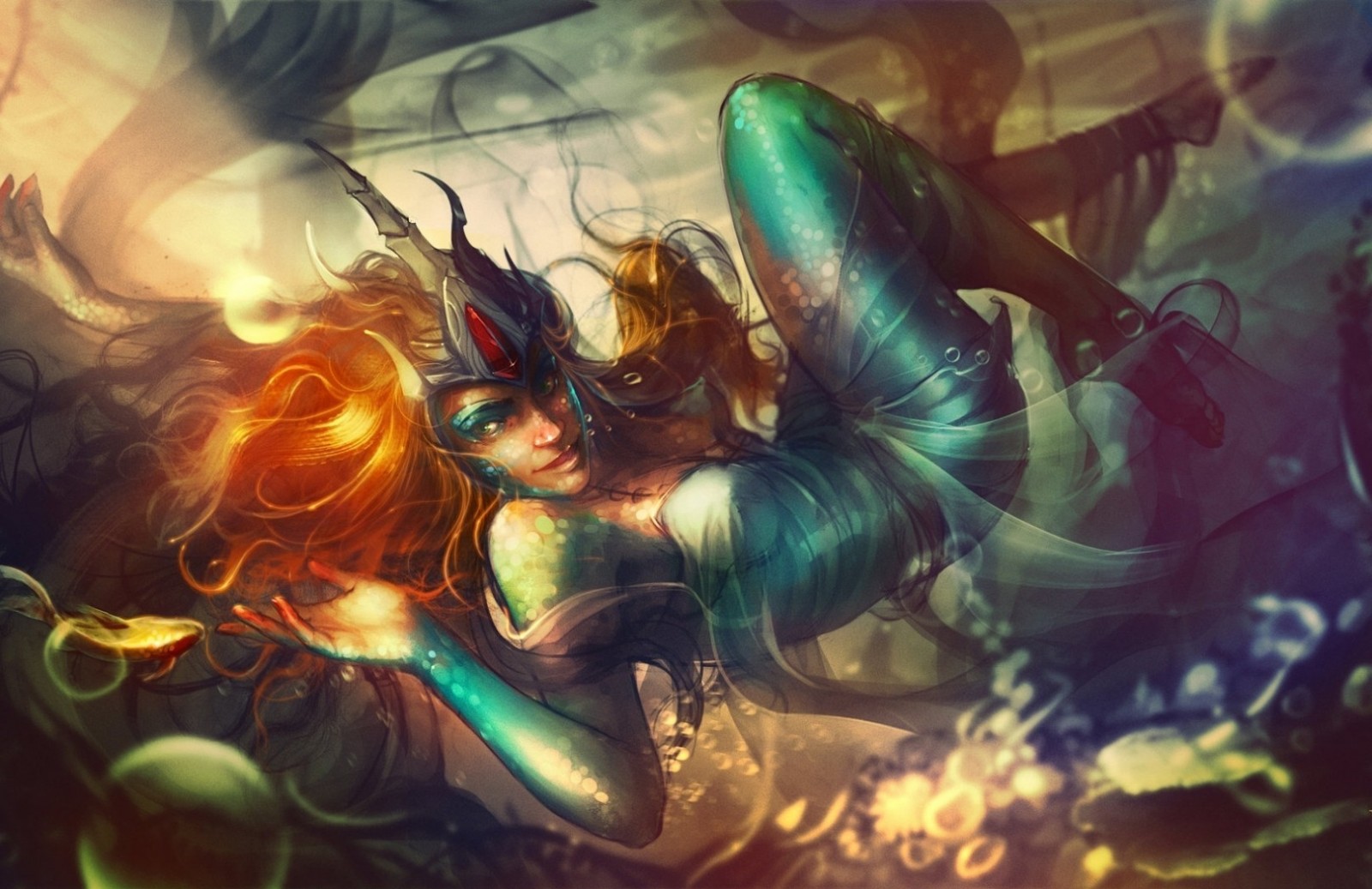 Fantasy art of a mermaid with orange hair and a fish tail HD Wallpaper