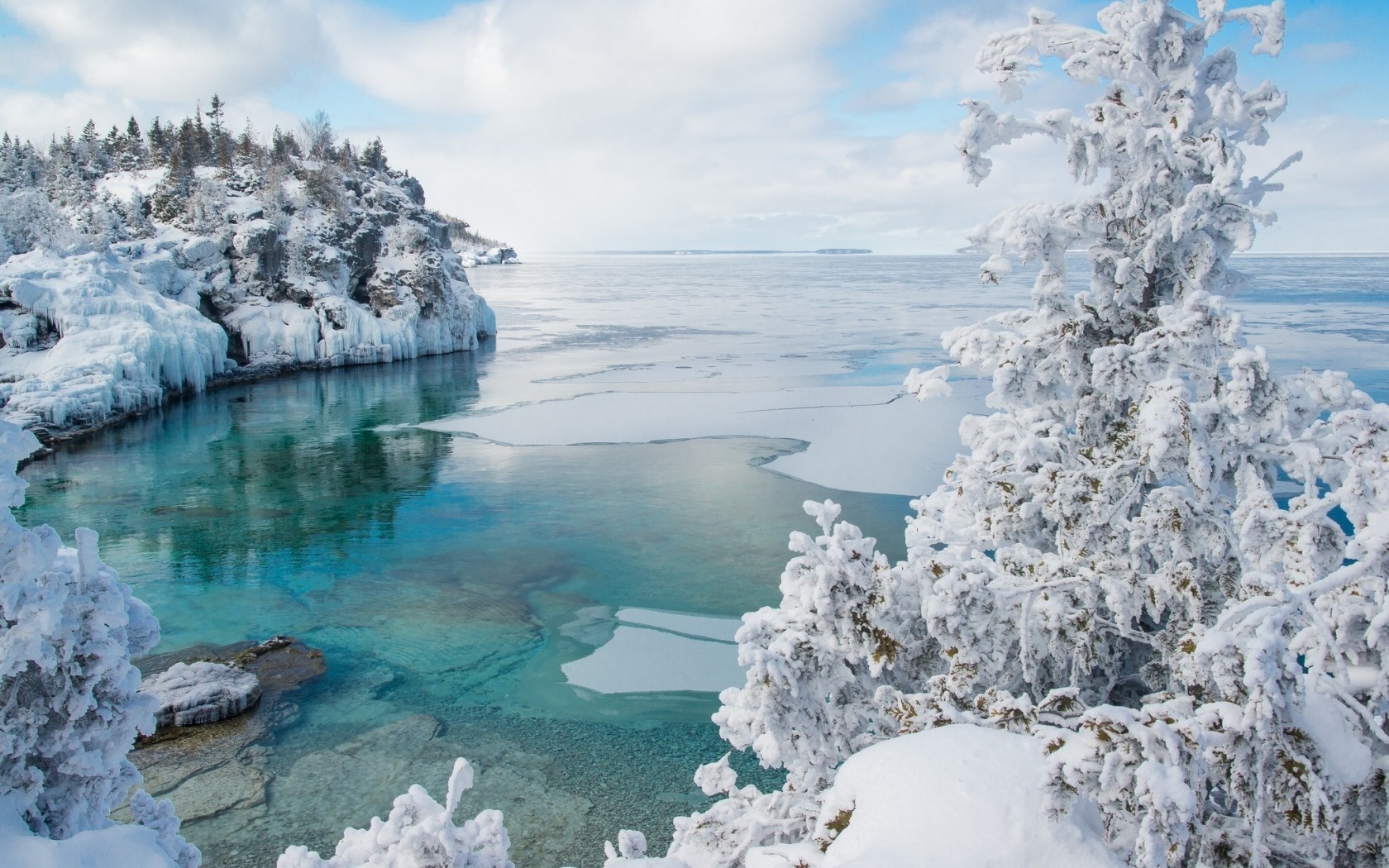 Winter scene of a frozen bay with snow-covered trees HD Wallpaper