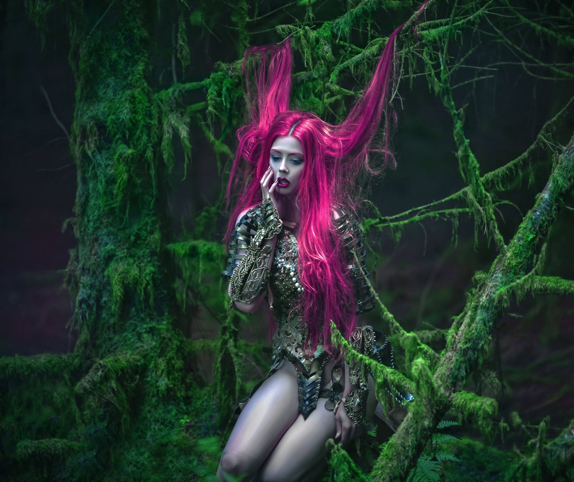 Woman with pink hair in fantasy armor in a mossy forest HD Wallpaper