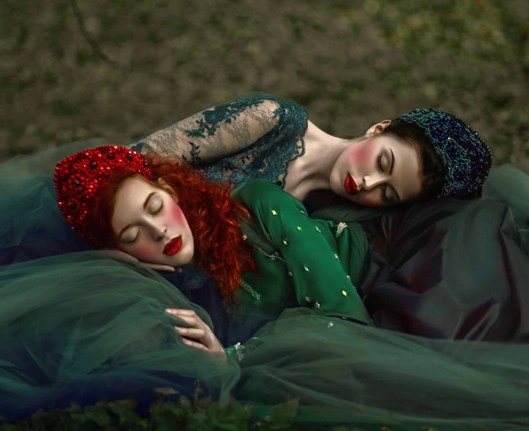 Two women sleeping in green dresses HD Wallpaper