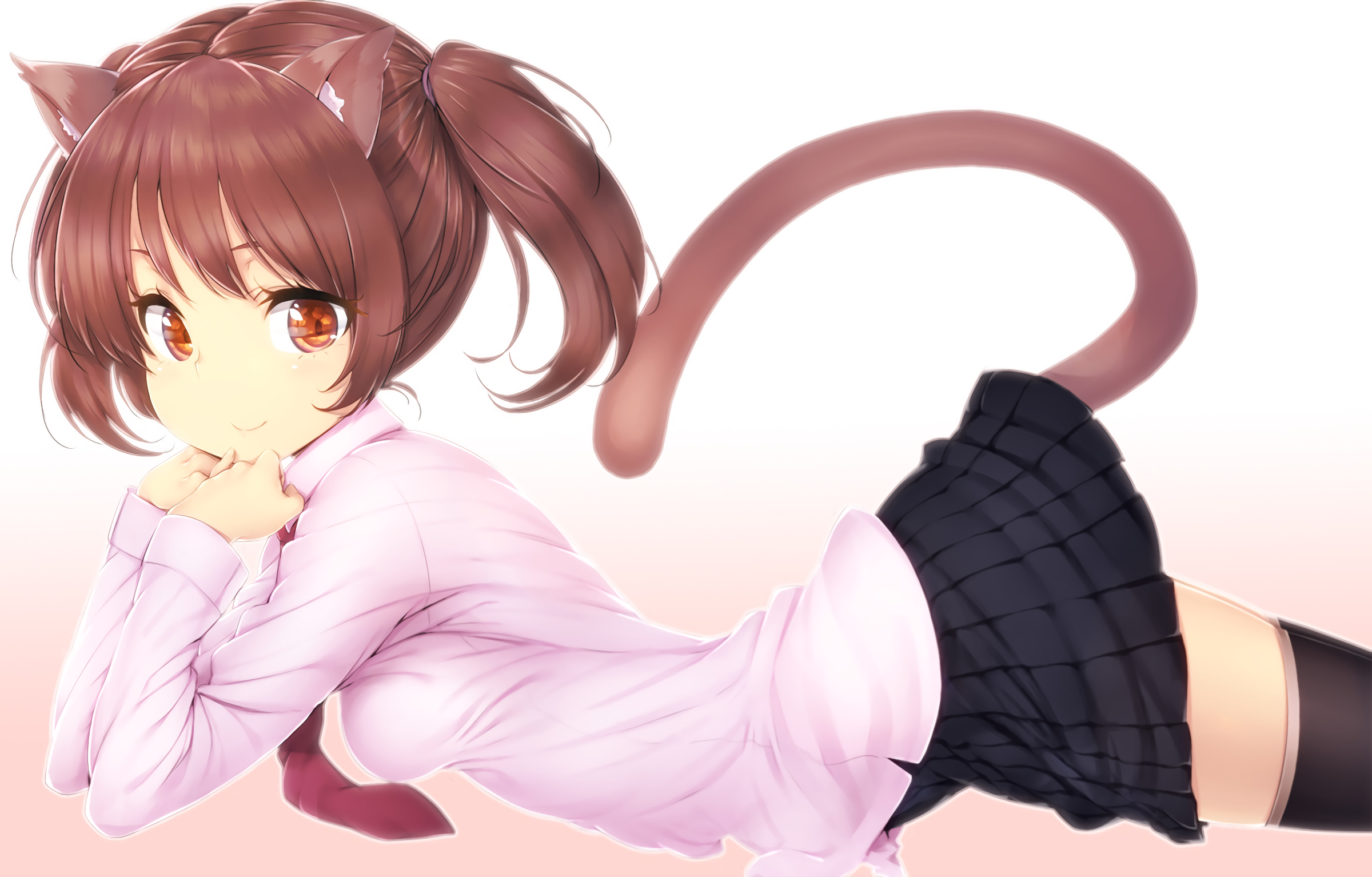 Anime cat girl with brown hair and pigtails HD Wallpaper