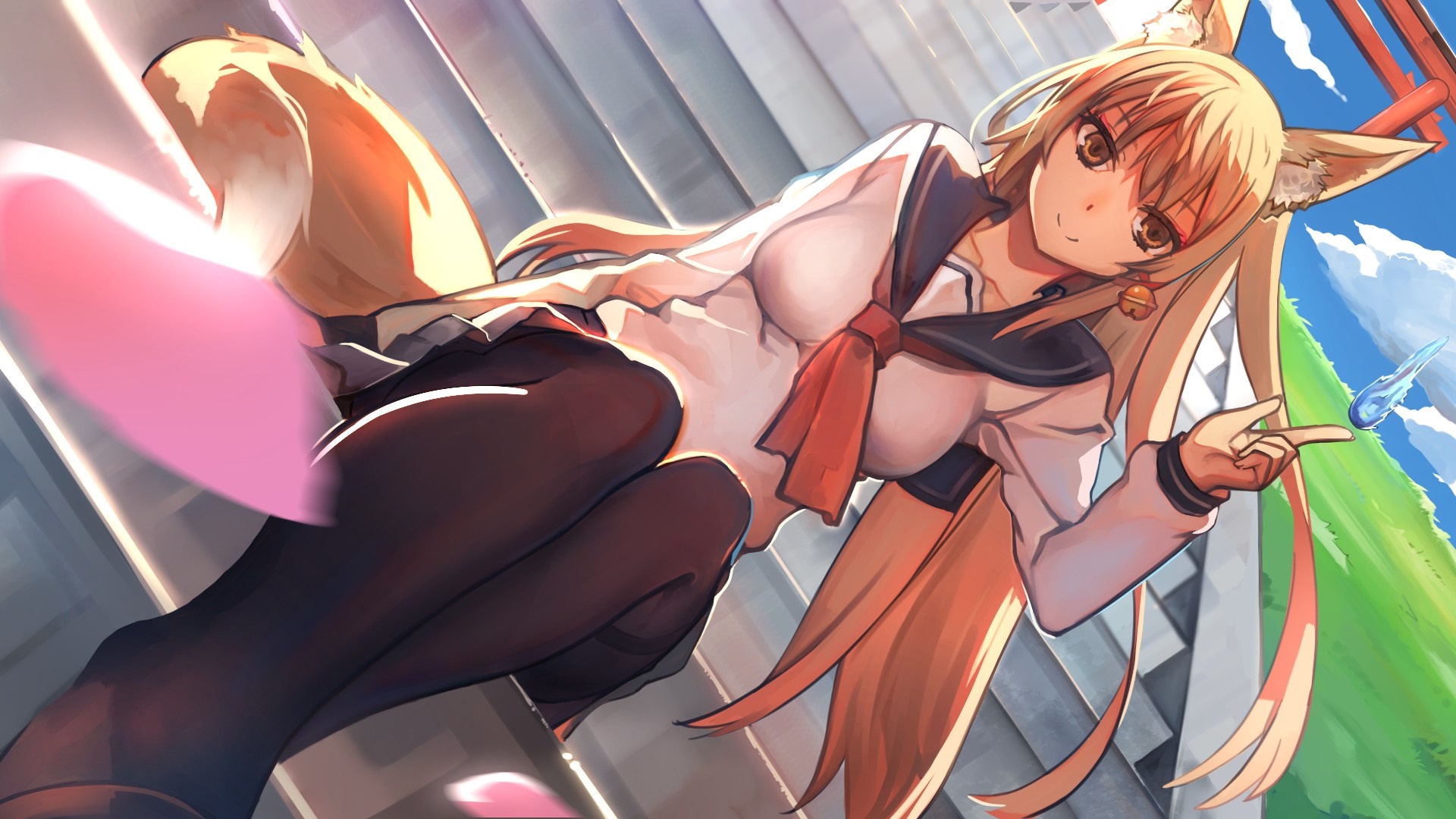 Anime fox girl in school uniform with fluffy tail HD Wallpaper