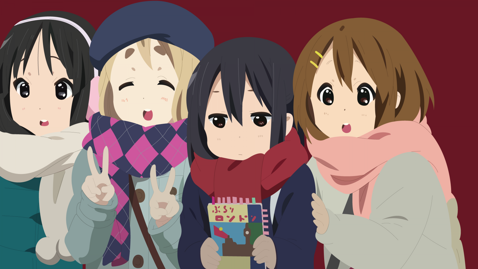 K-On! characters with scarves and hats HD Wallpaper