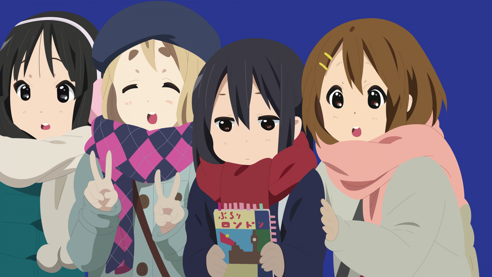 K-On! girls in winter attire with a book HD Wallpaper