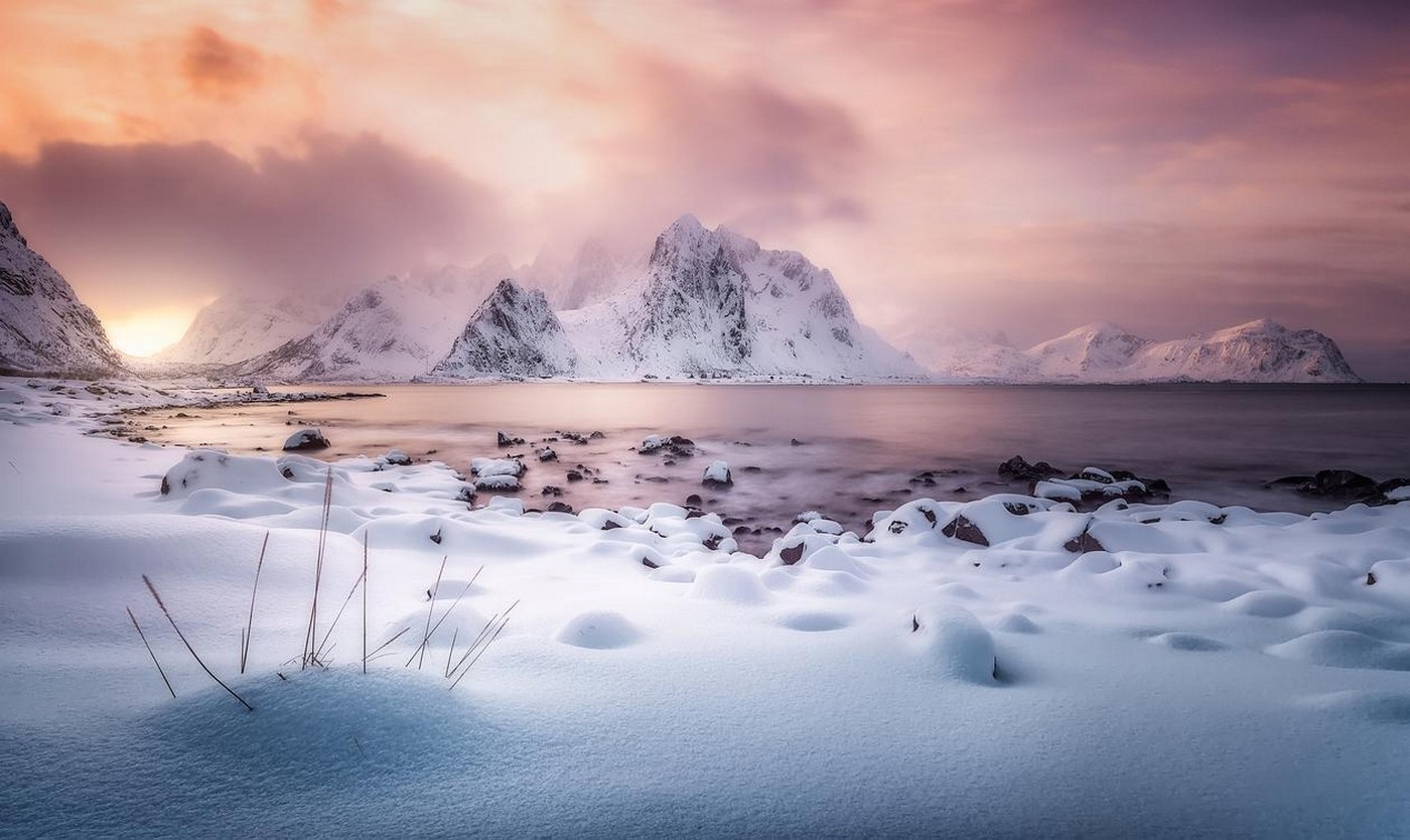 Snowy mountains and sea at sunset, Lofoten Islands HD Wallpaper
