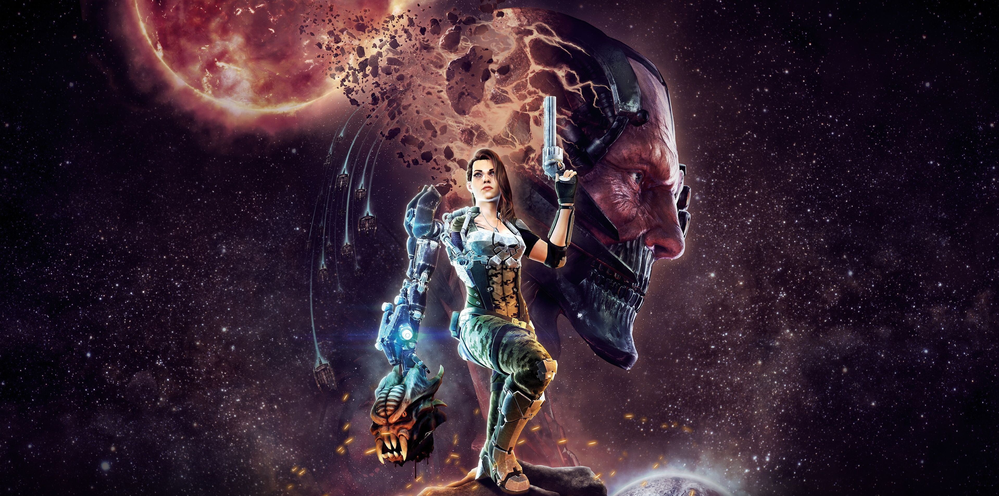 Woman with robotic arm and alien skull in space HD Wallpaper