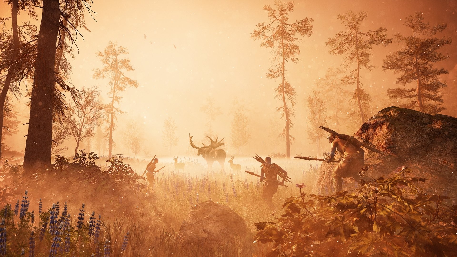 Far Cry Primal: Hunters stalking a large elk in a misty forest HD Wallpaper