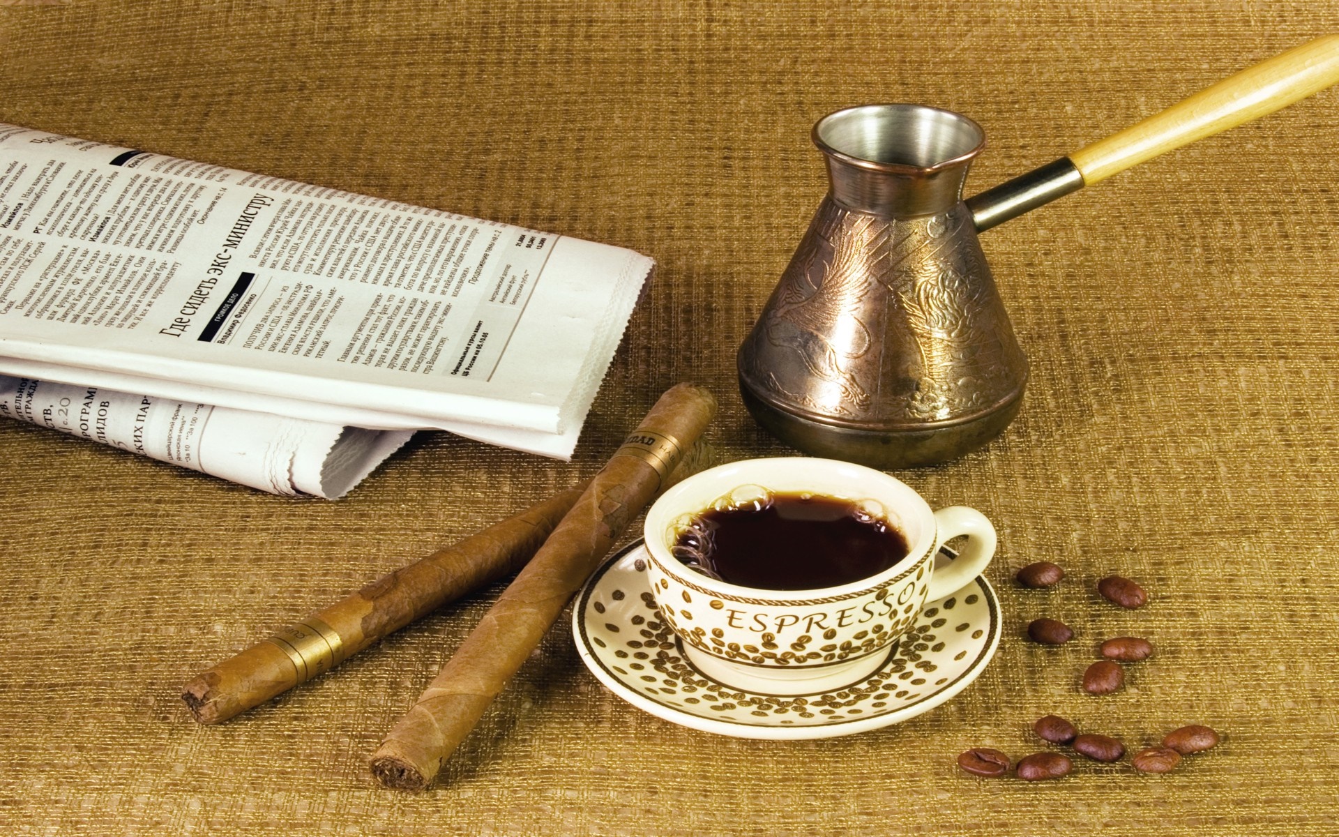 Newspaper, coffee, cigars, and coffee pot HD Wallpaper