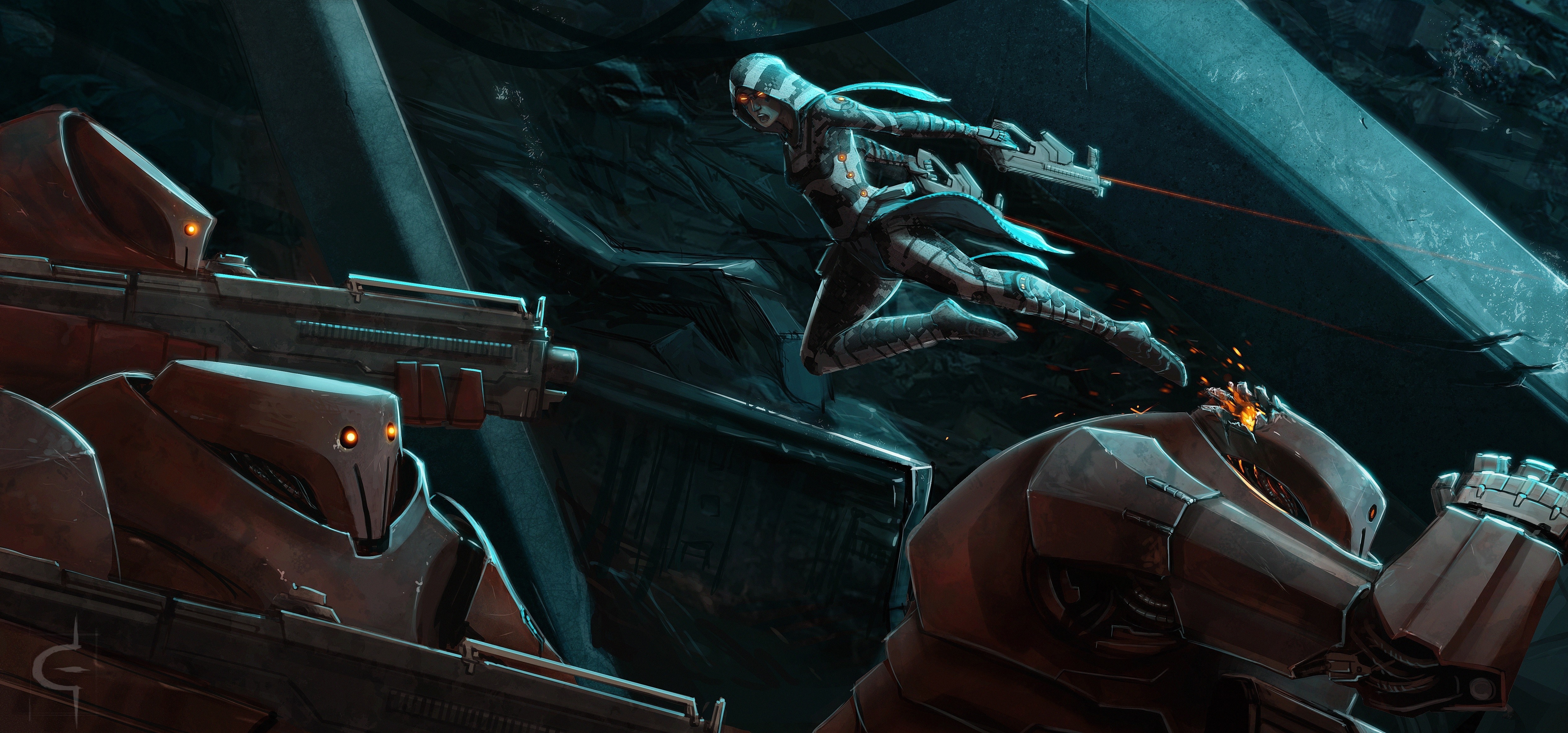 Futuristic soldiers in a sci-fi battle HD Wallpaper