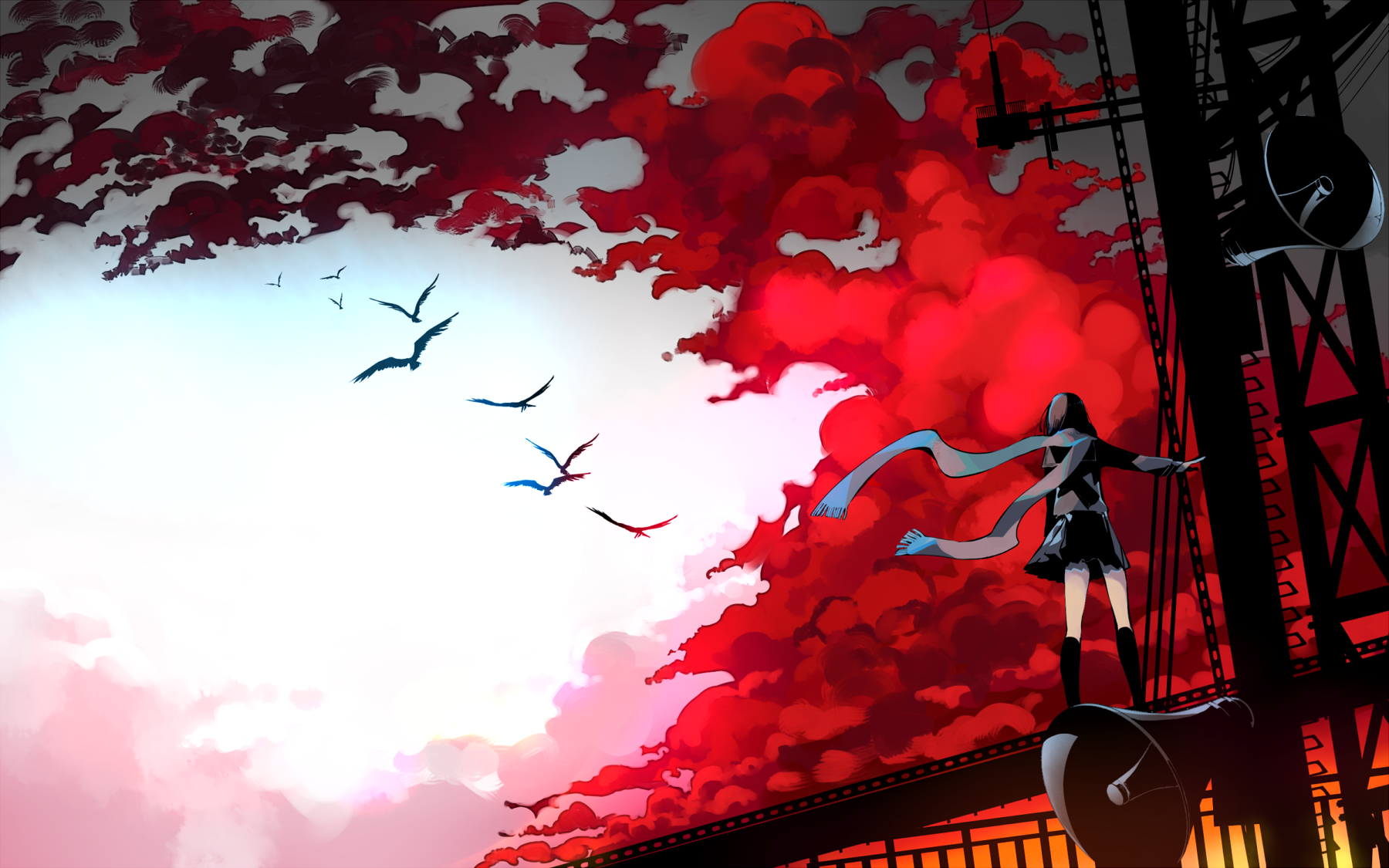 Anime girl with scarf and birds against red clouds HD Wallpaper