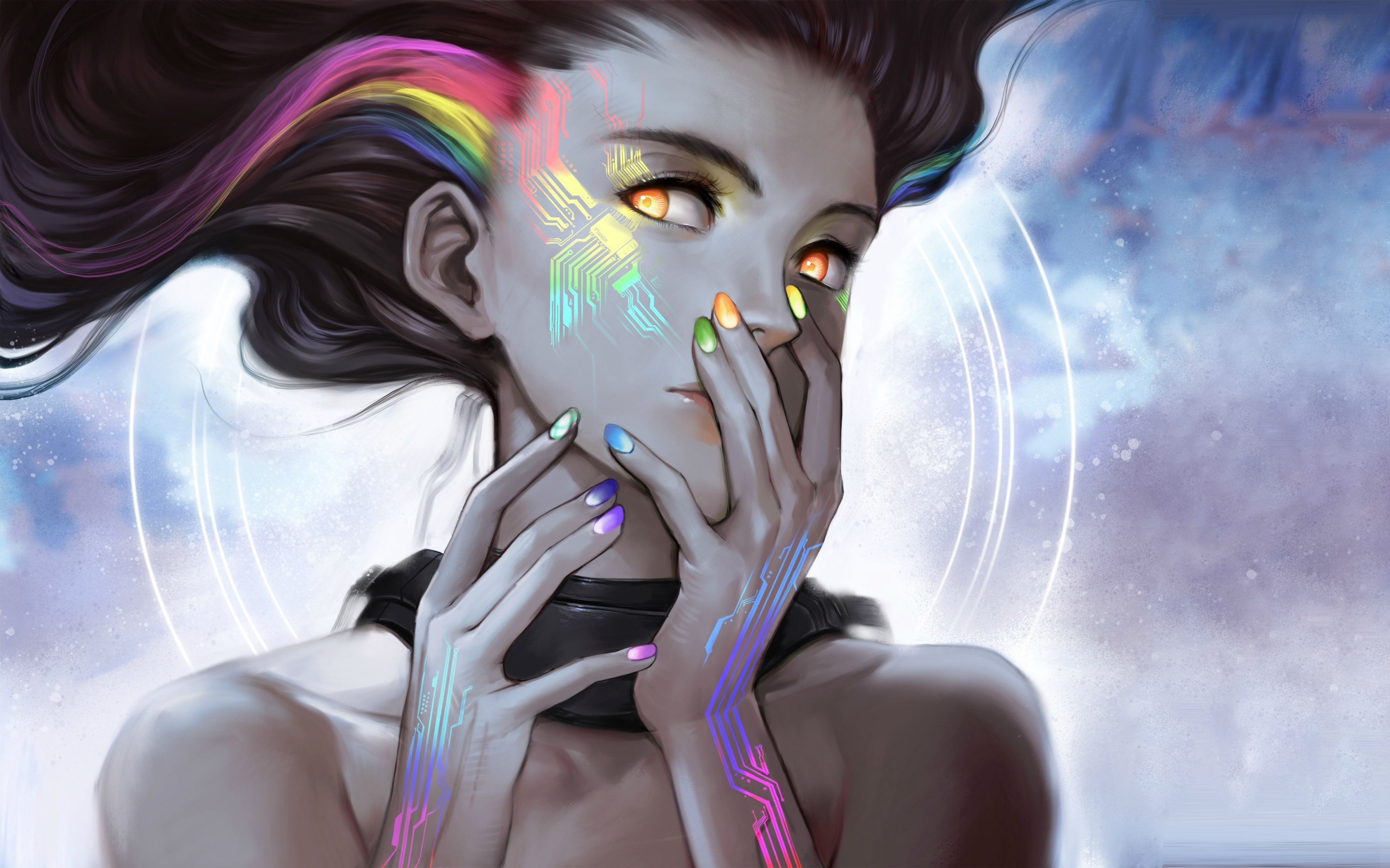 Woman with rainbow circuit patterns and orange eyes HD Wallpaper