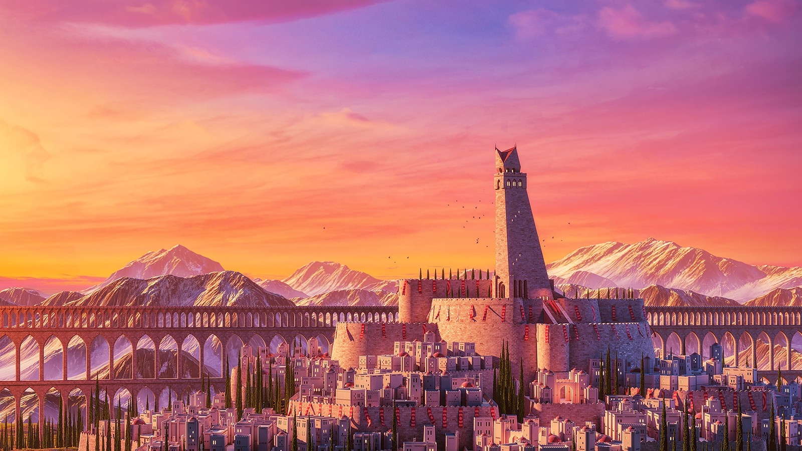 Fantasy city with a tall tower at sunset HD Wallpaper