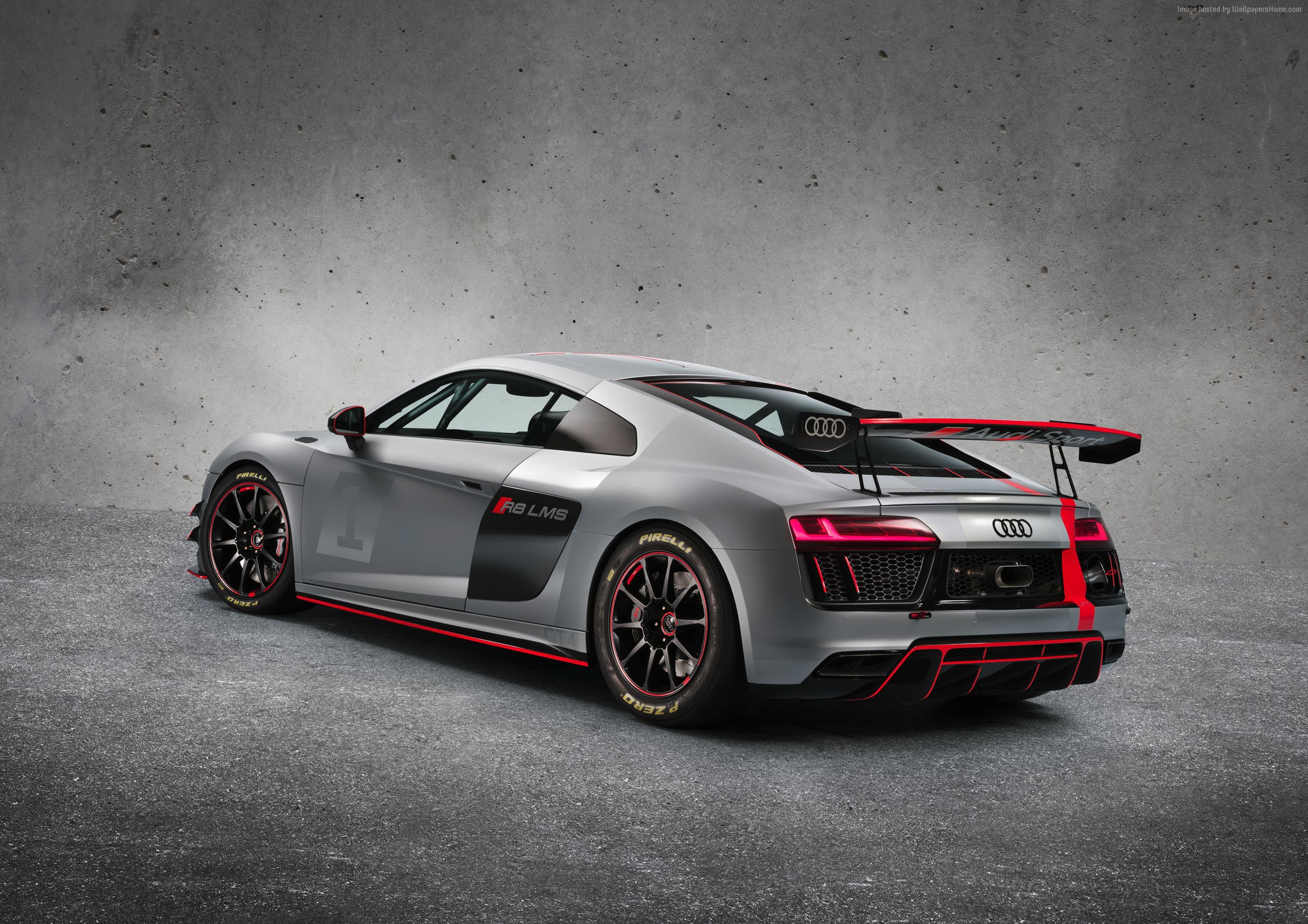 Audi R8 LMS GT4 race car with red accents HD Wallpaper