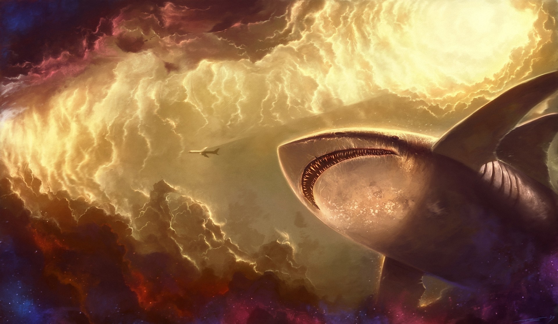 Fantasy art of a shark in space with a plane HD Wallpaper