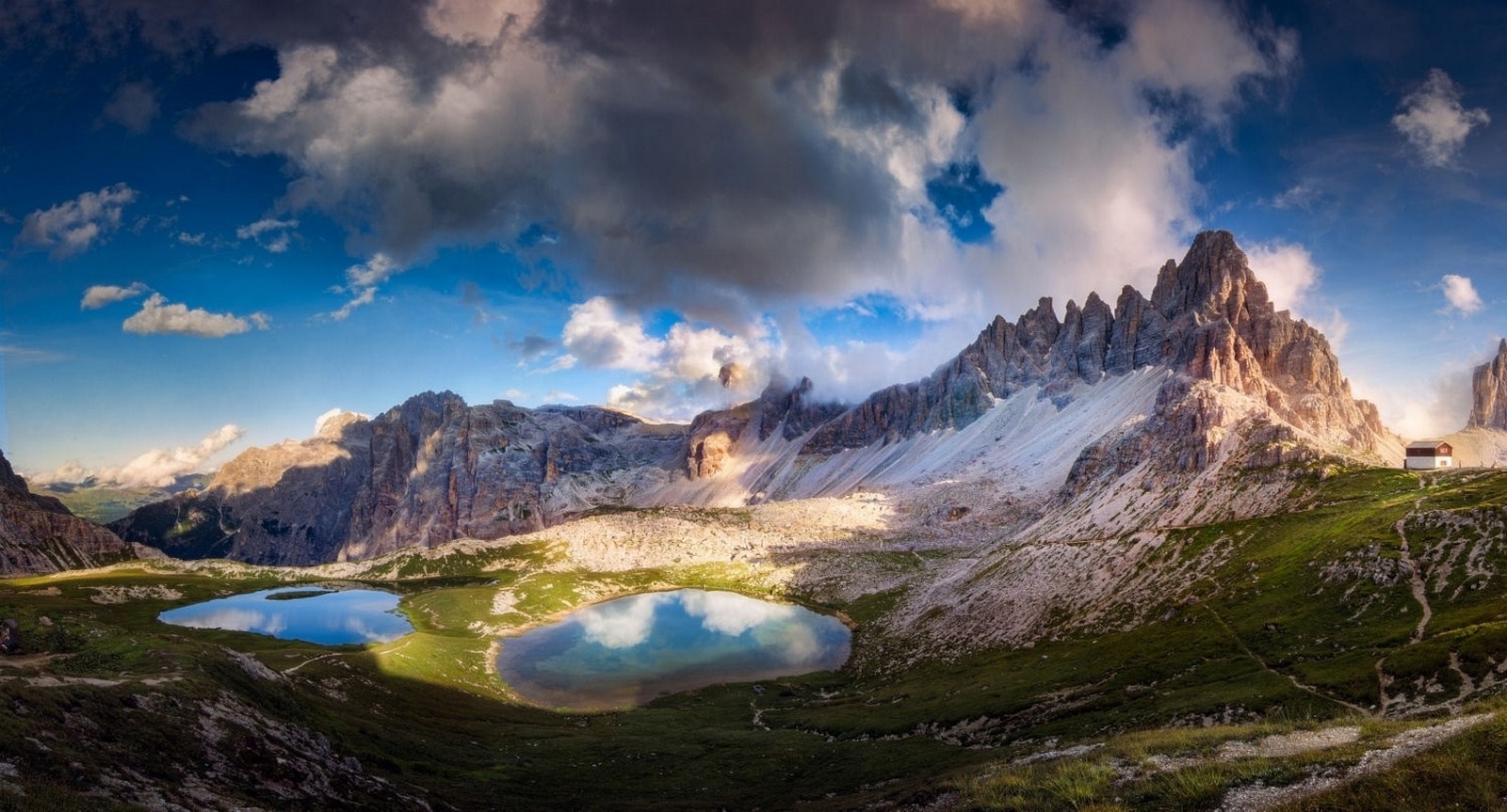 Mountain landscape with lakes and cabin in the Dolomites HD Wallpaper
