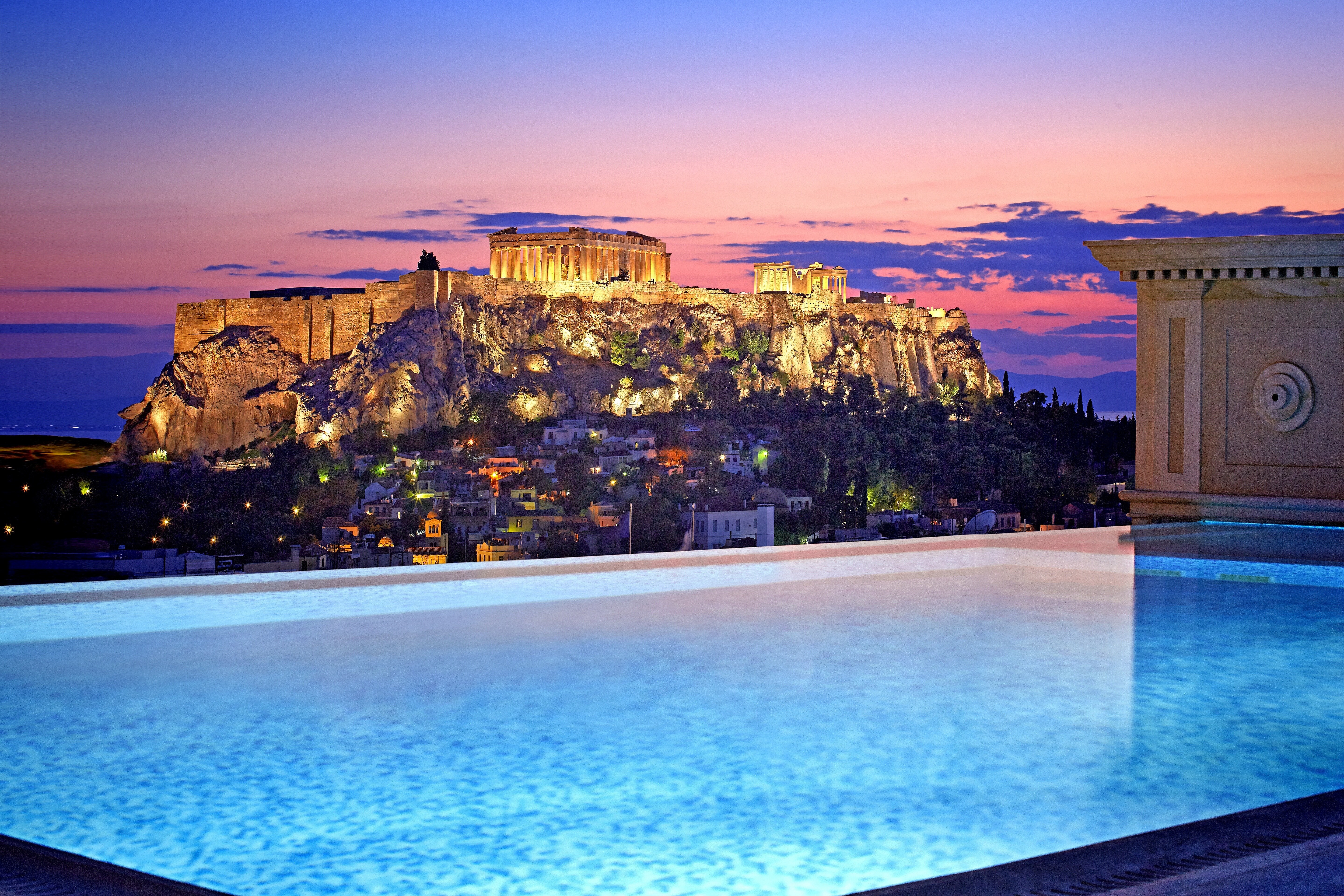 Acropolis of Athens at sunset with infinity pool HD Wallpaper