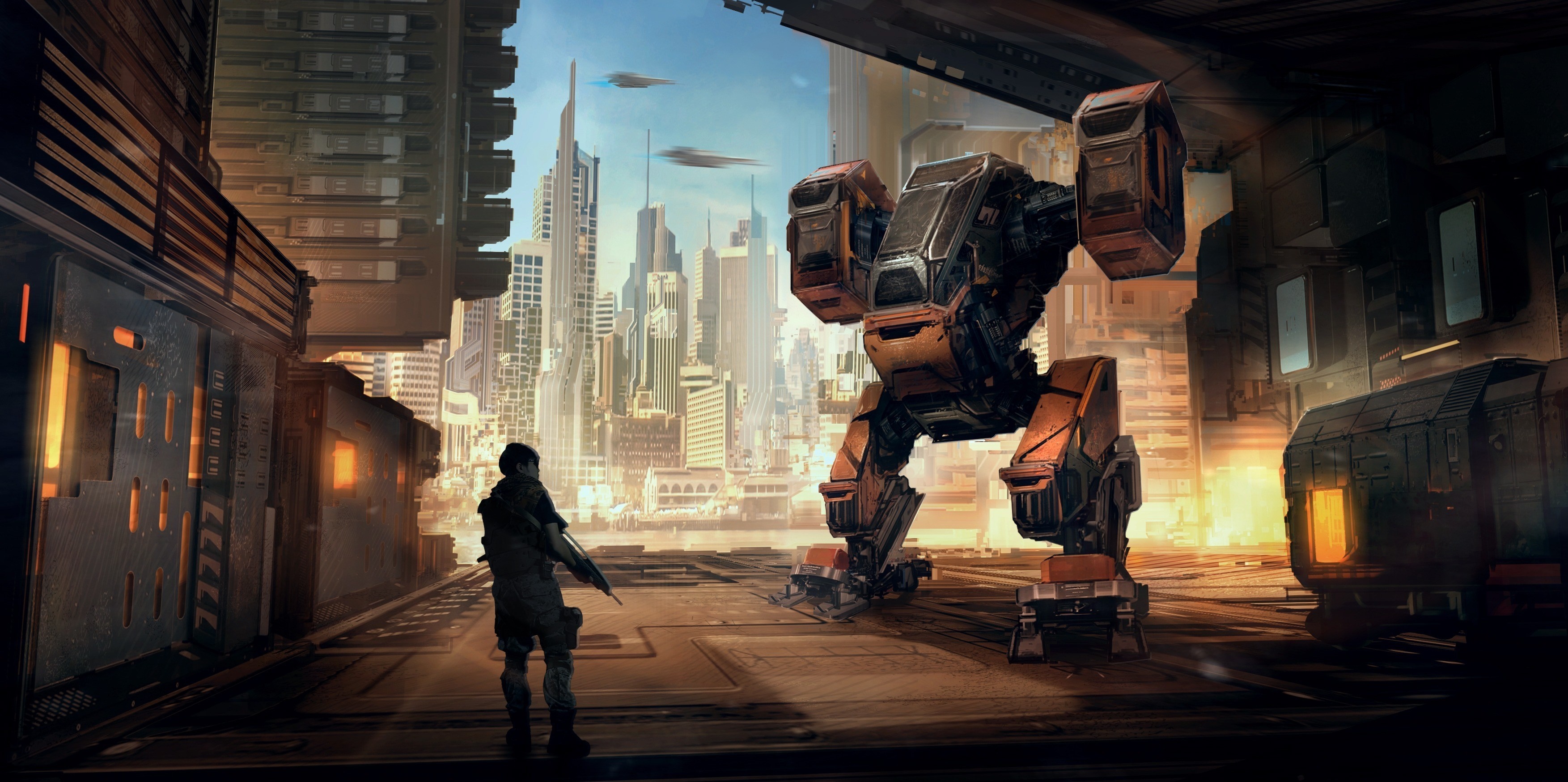 Mech and soldier in futuristic city HD Wallpaper