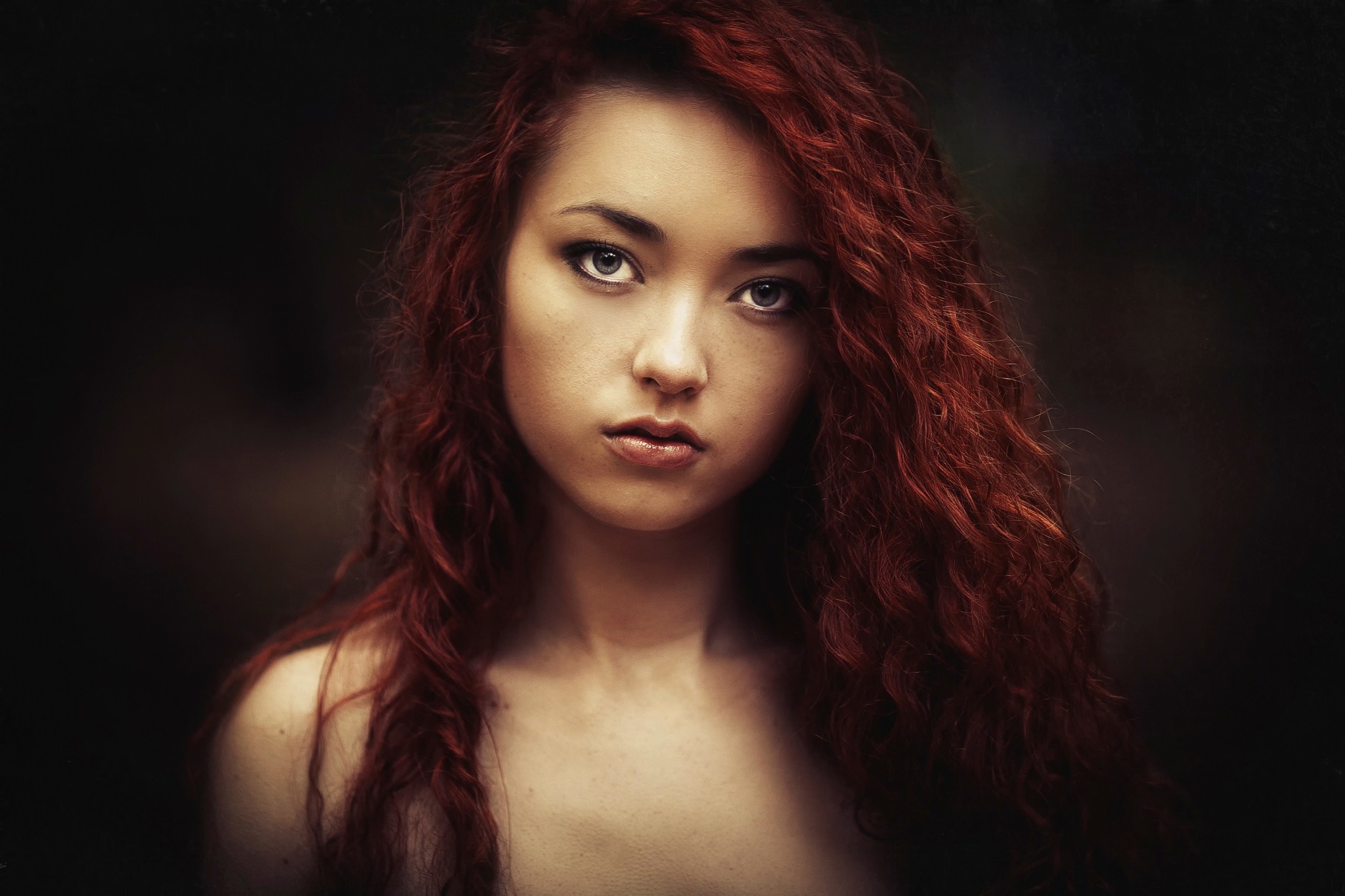 Portrait of a young woman with long red hair HD Wallpaper