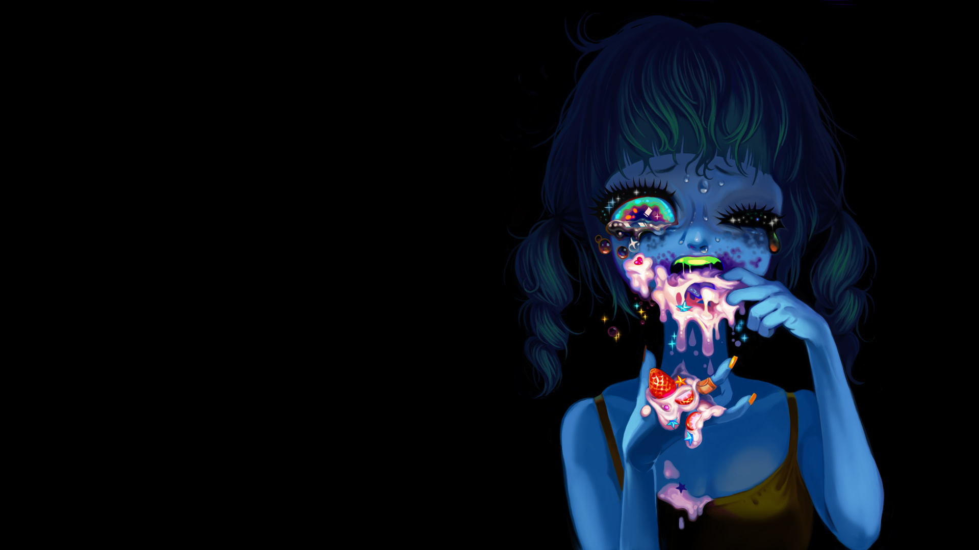 Blue anime character with melting candy and fruit HD Wallpaper