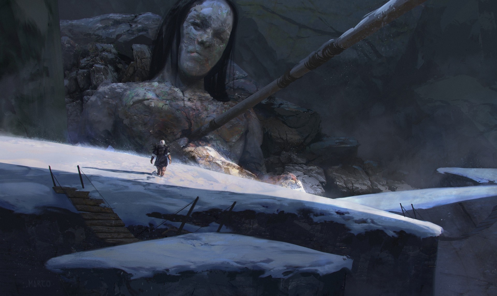 Giant stone statue in a snowy cave with a traveler HD Wallpaper