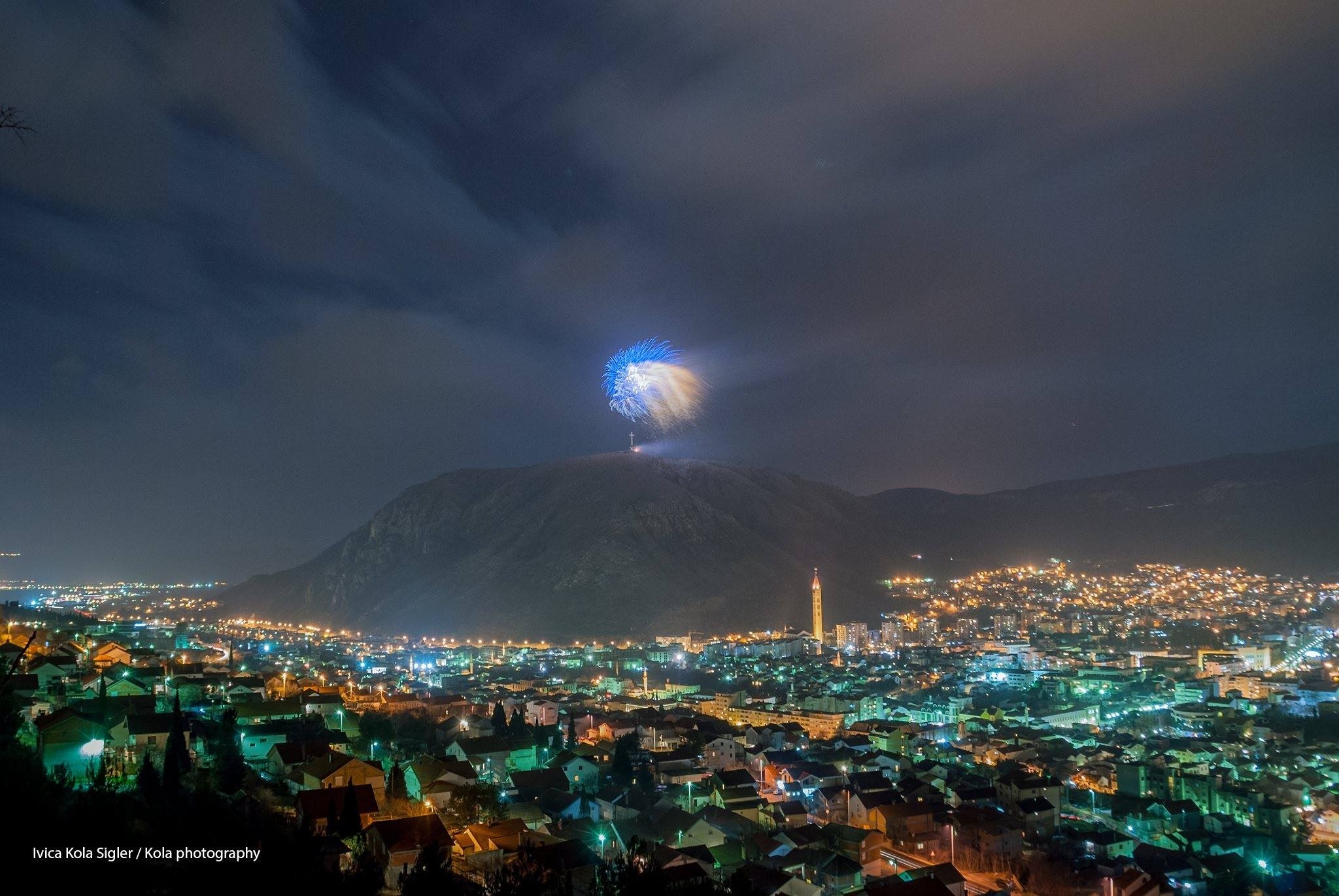 Fireworks over Mostar at night HD Wallpaper