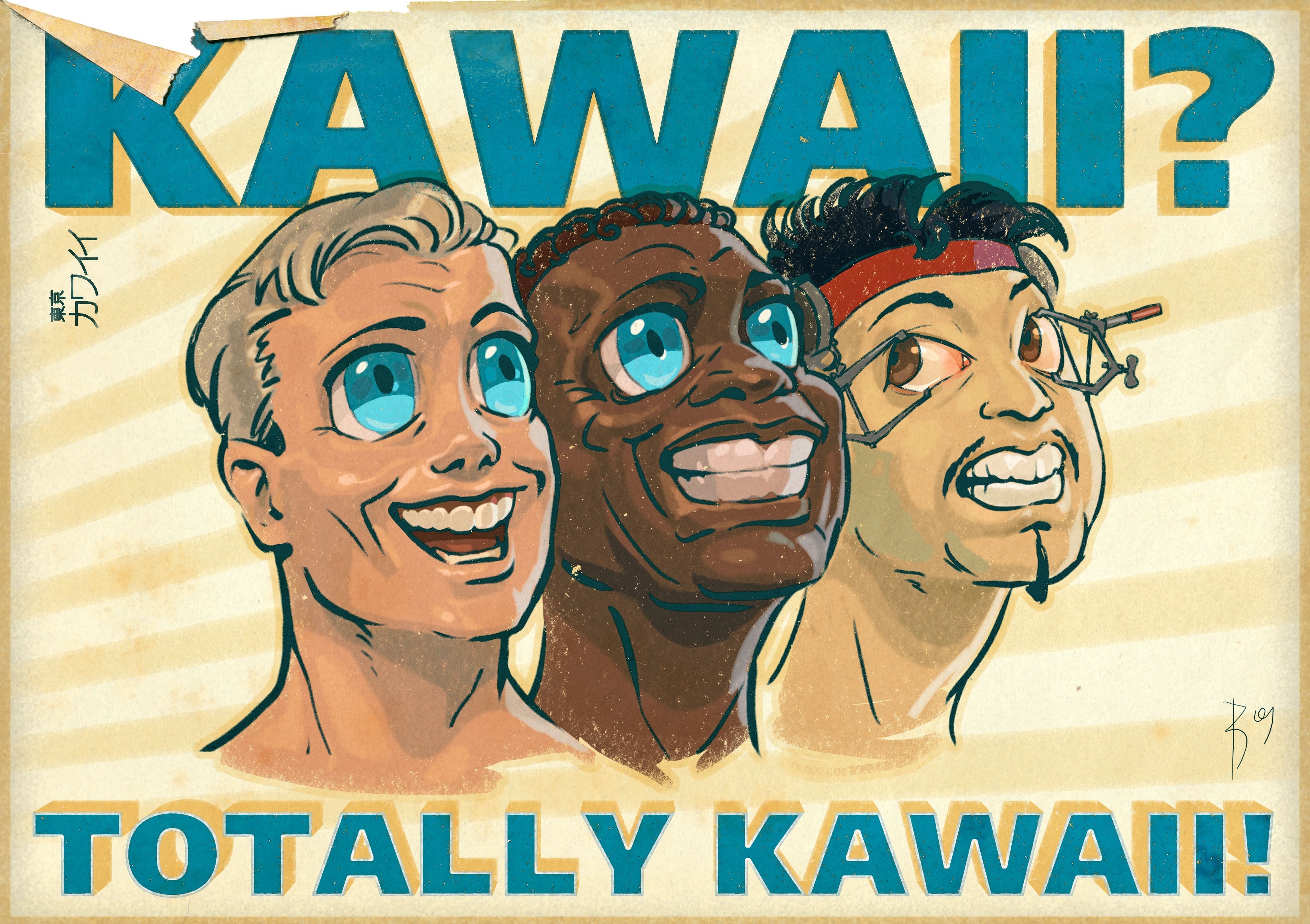 Three men with exaggerated features and the text "KAWAII? TOTALLY KAWAII!" HD Wallpaper