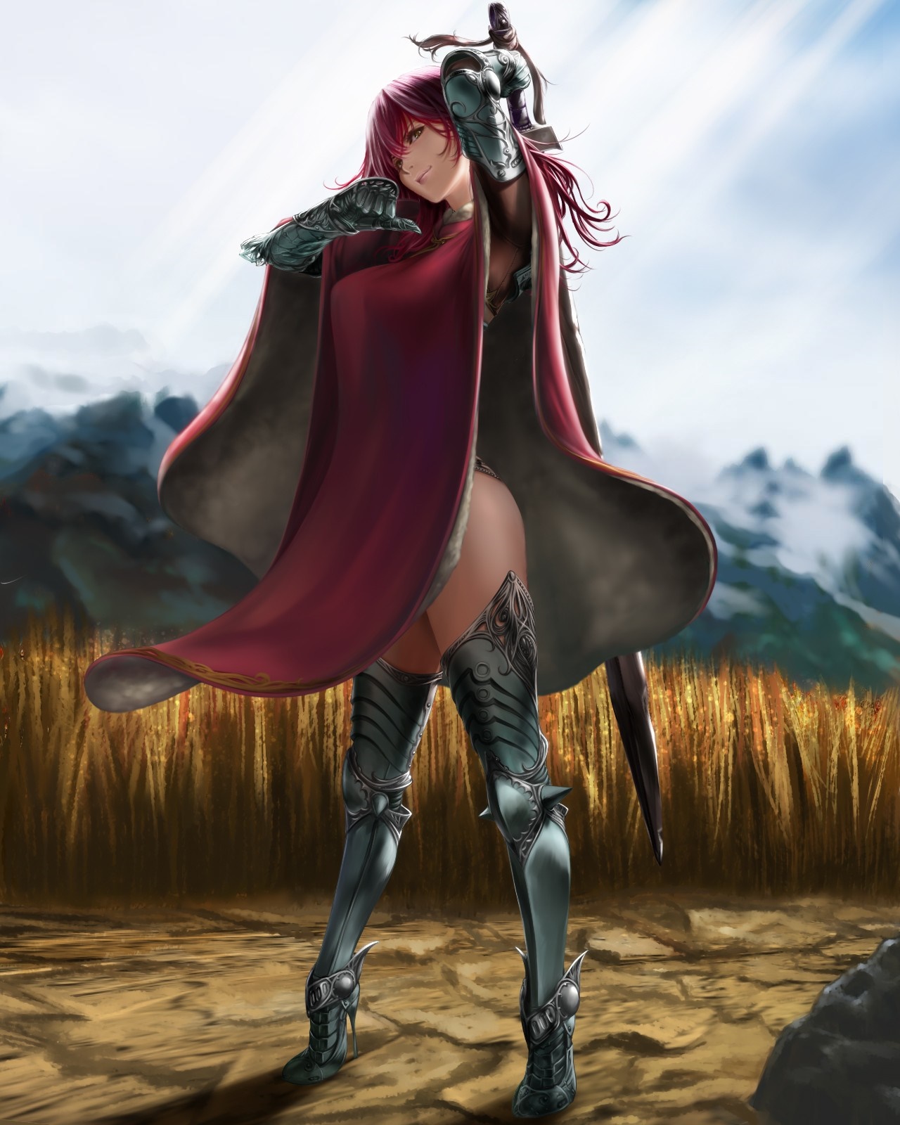 Anime girl with sword and armor in a field HD Wallpaper