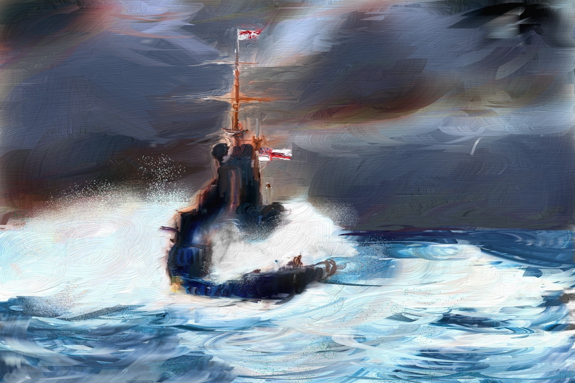Painting of a ship in rough seas HD Wallpaper