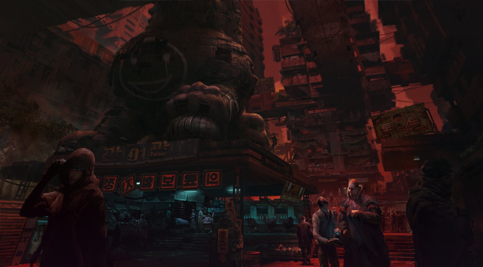 Cyberpunk city street with large statue and people HD Wallpaper